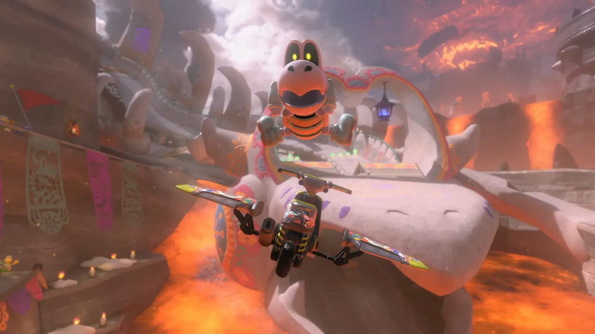 Cận cảnh nhân vật Dry Bones đang lướt trong một màn chơi của Mario Kart World