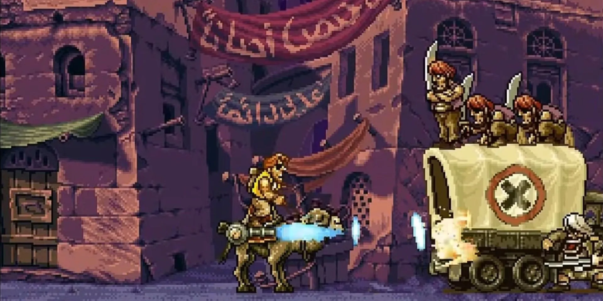 Cảnh chiến đấu kinh điển trong Metal Slug X với xe tăng và nhiều kẻ thù