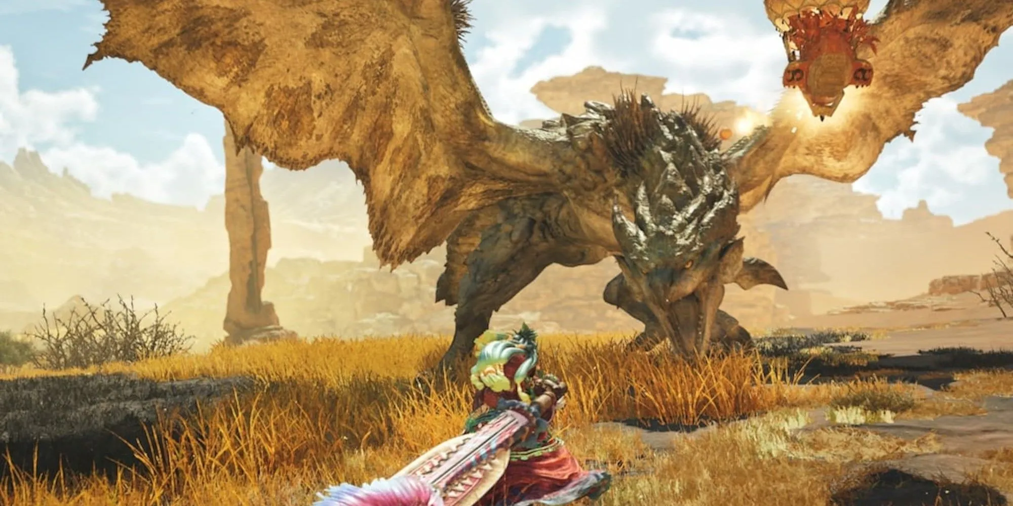 Cảnh chiến đấu với một sinh vật giống rồng trong Monster Hunter Wilds