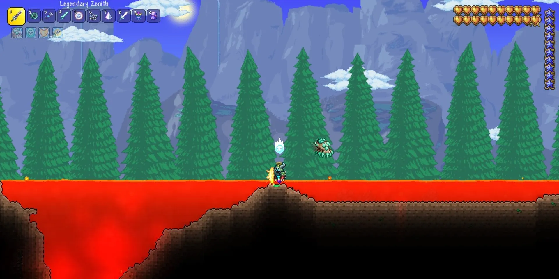 Cảnh dung nham trên mặt đất trong game Terraria, thể hiện phong cách pixel art không đồng nhất.