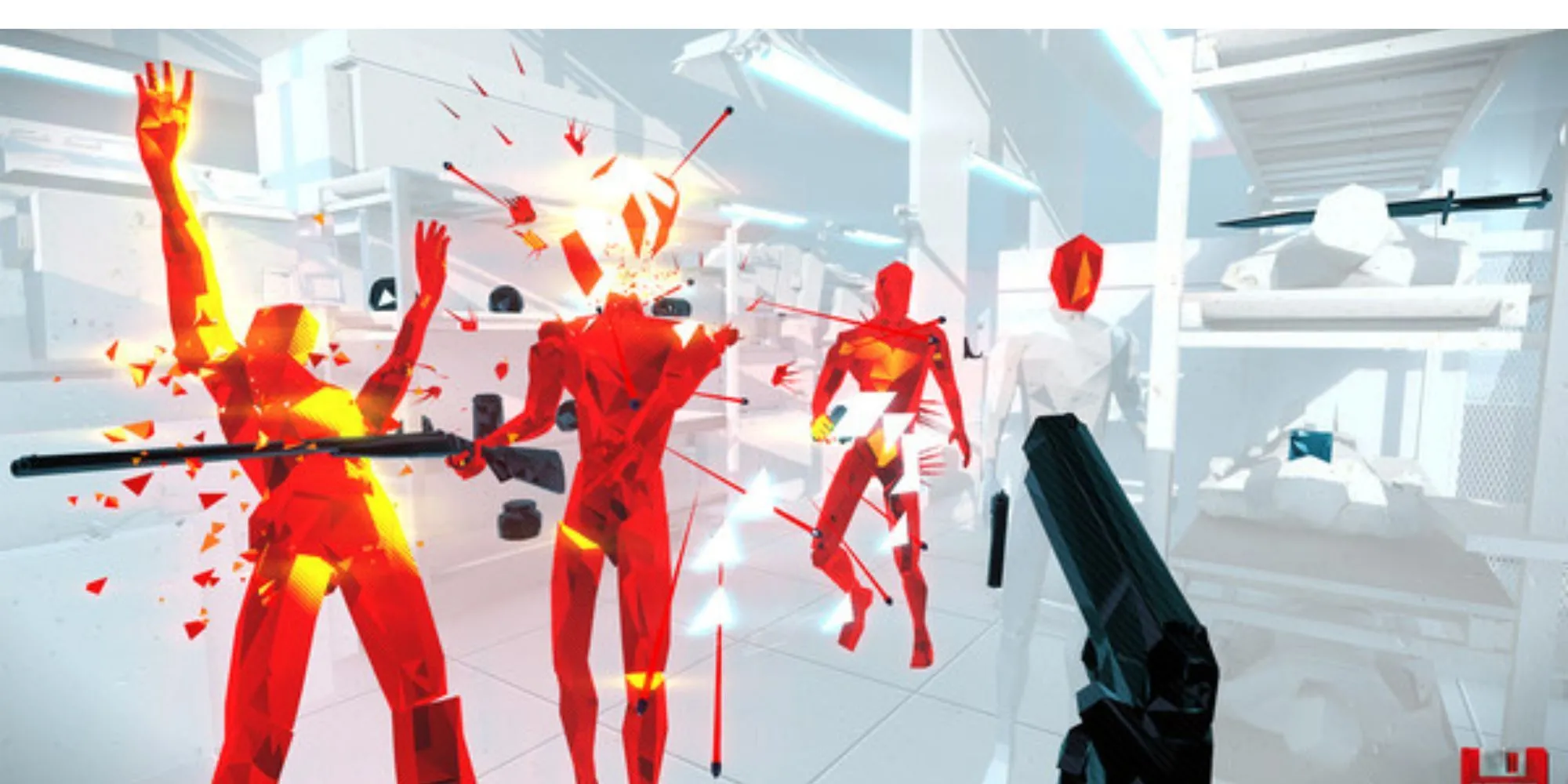 Cảnh gameplay SUPERHOT với nhiều kẻ thù màu đỏ và môi trường trắng tối giản.