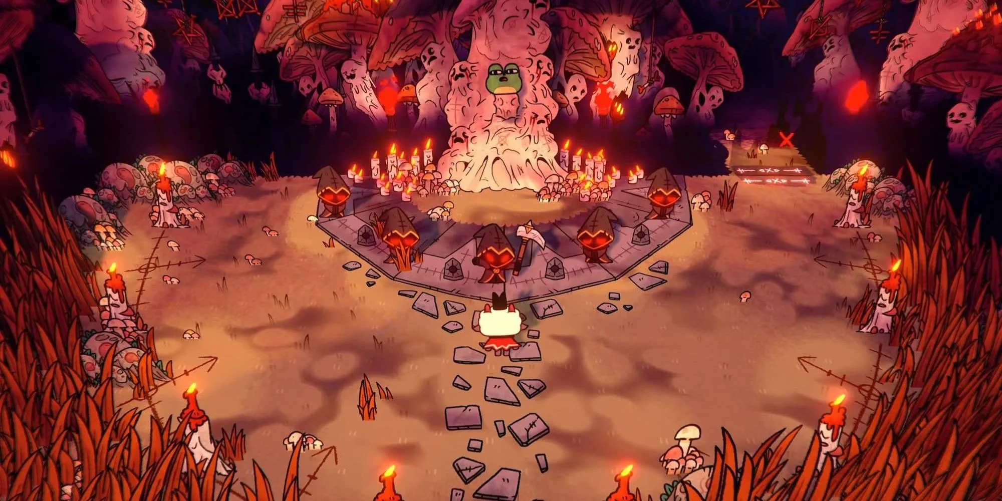 Cảnh ngăn chặn một buổi hiến tế trong Cult of the Lamb