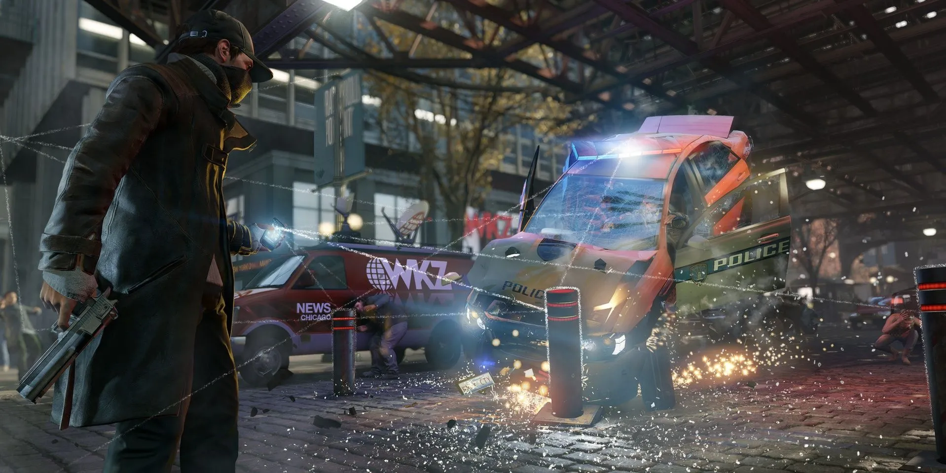 Cảnh sát bị chặn lại bởi rào chắn được hack trong game Watch Dogs