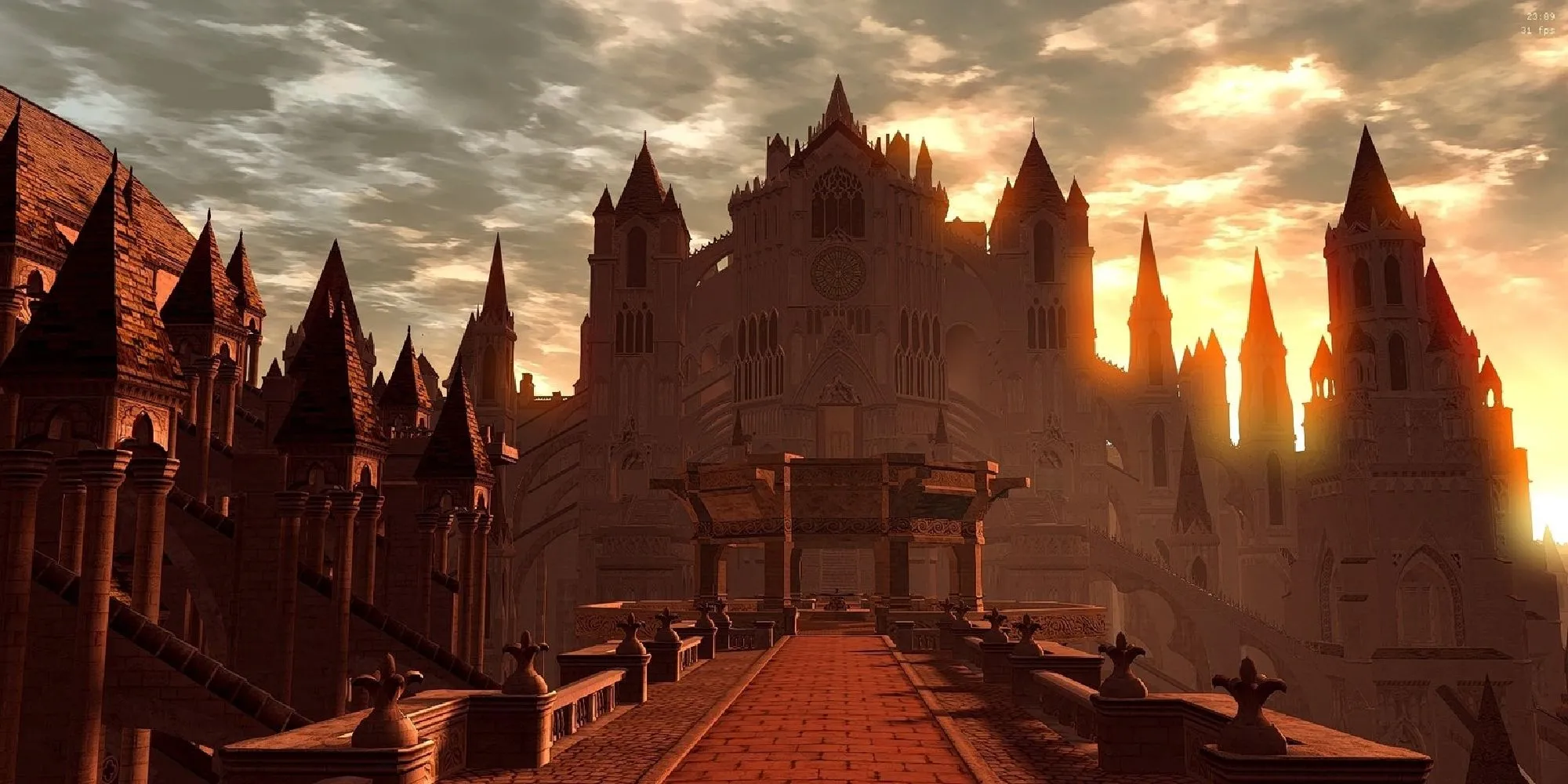 Cảnh thành Anor Londo trong ánh hoàng hôn trong game Dark Souls