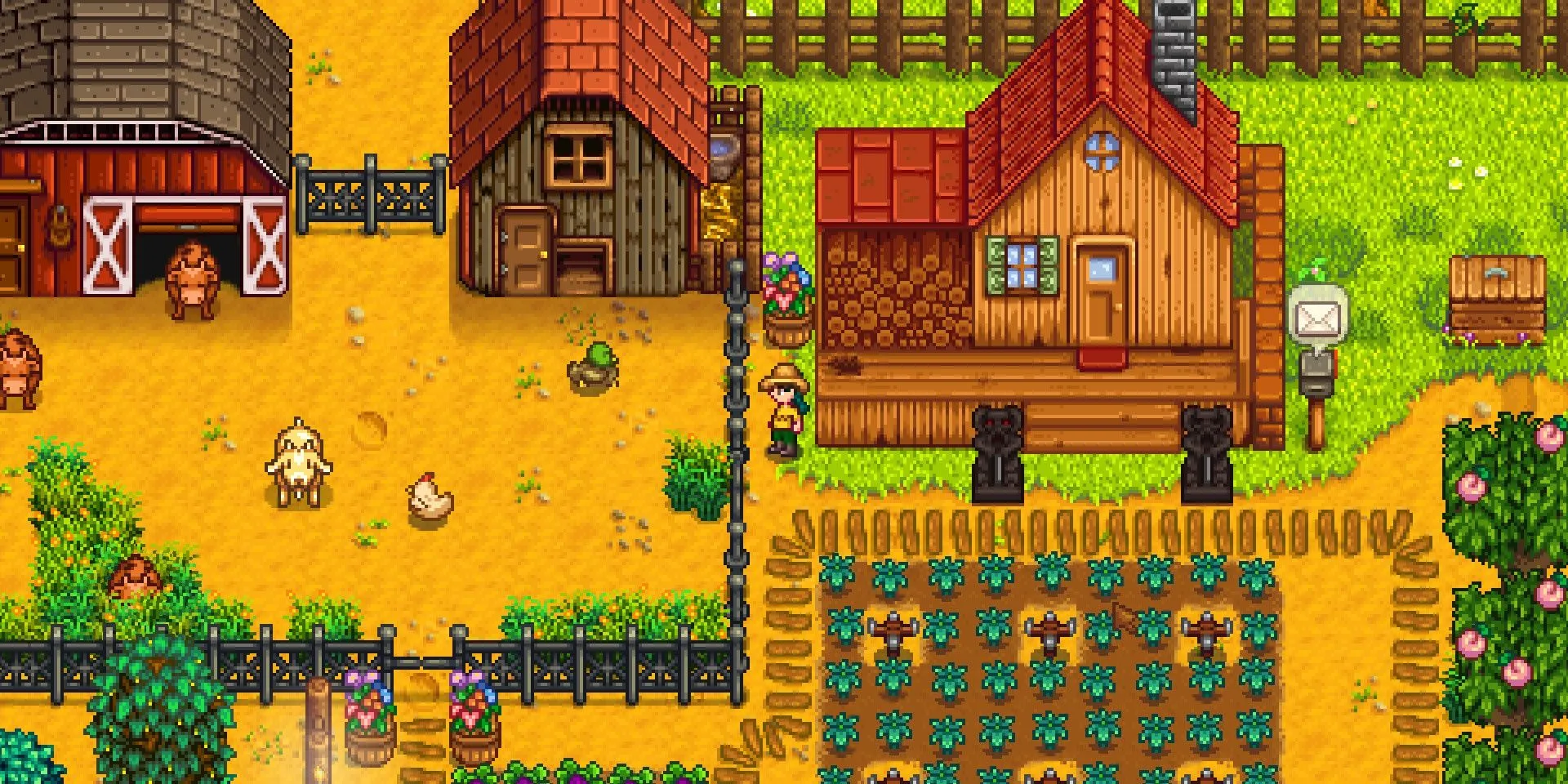 Cảnh trang trại trong Stardew Valley với các luống cây trồng