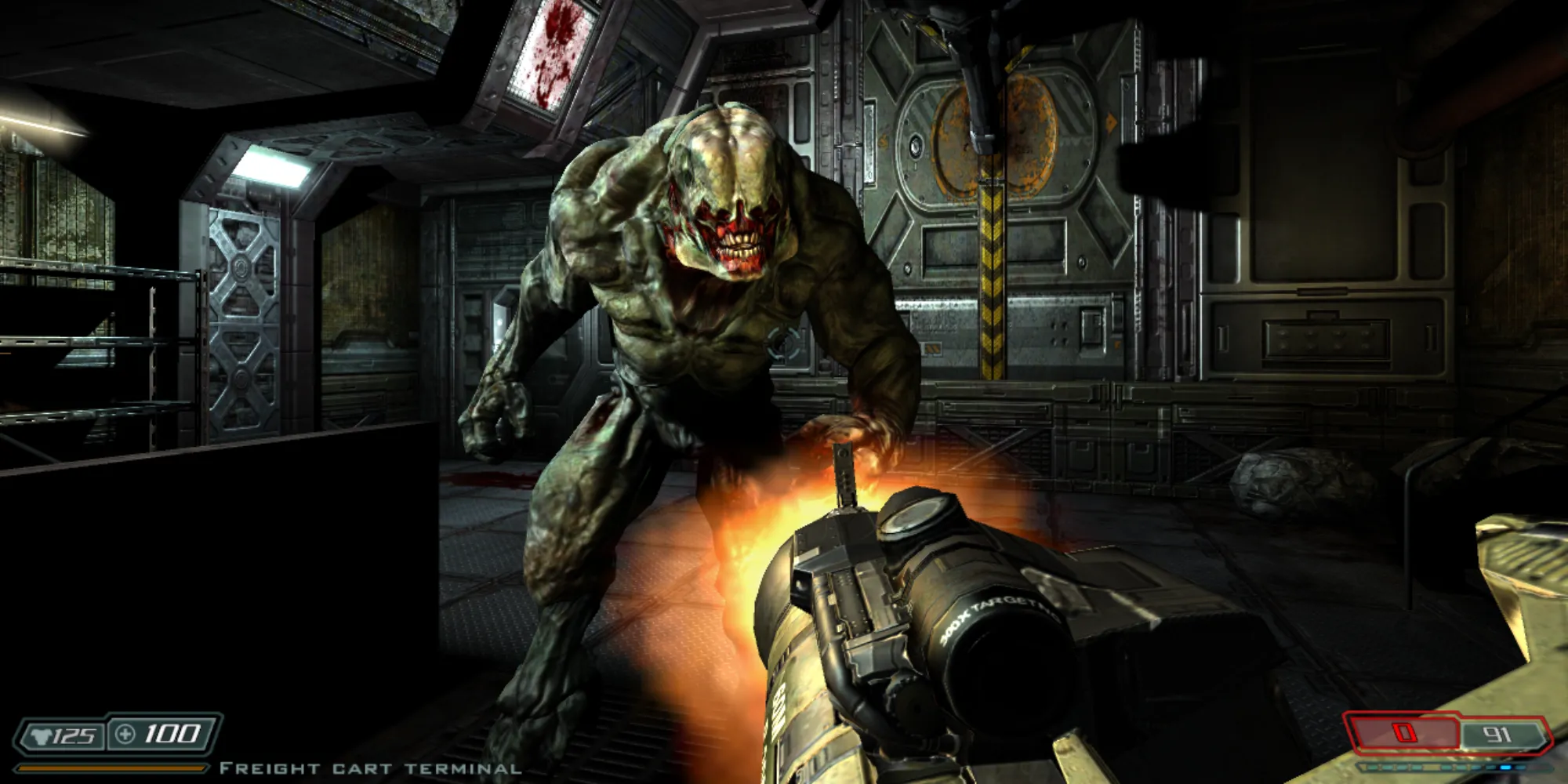 Cảnh trong Doom 3, thể hiện yếu tố kinh dị sinh tồn và môi trường tối tăm