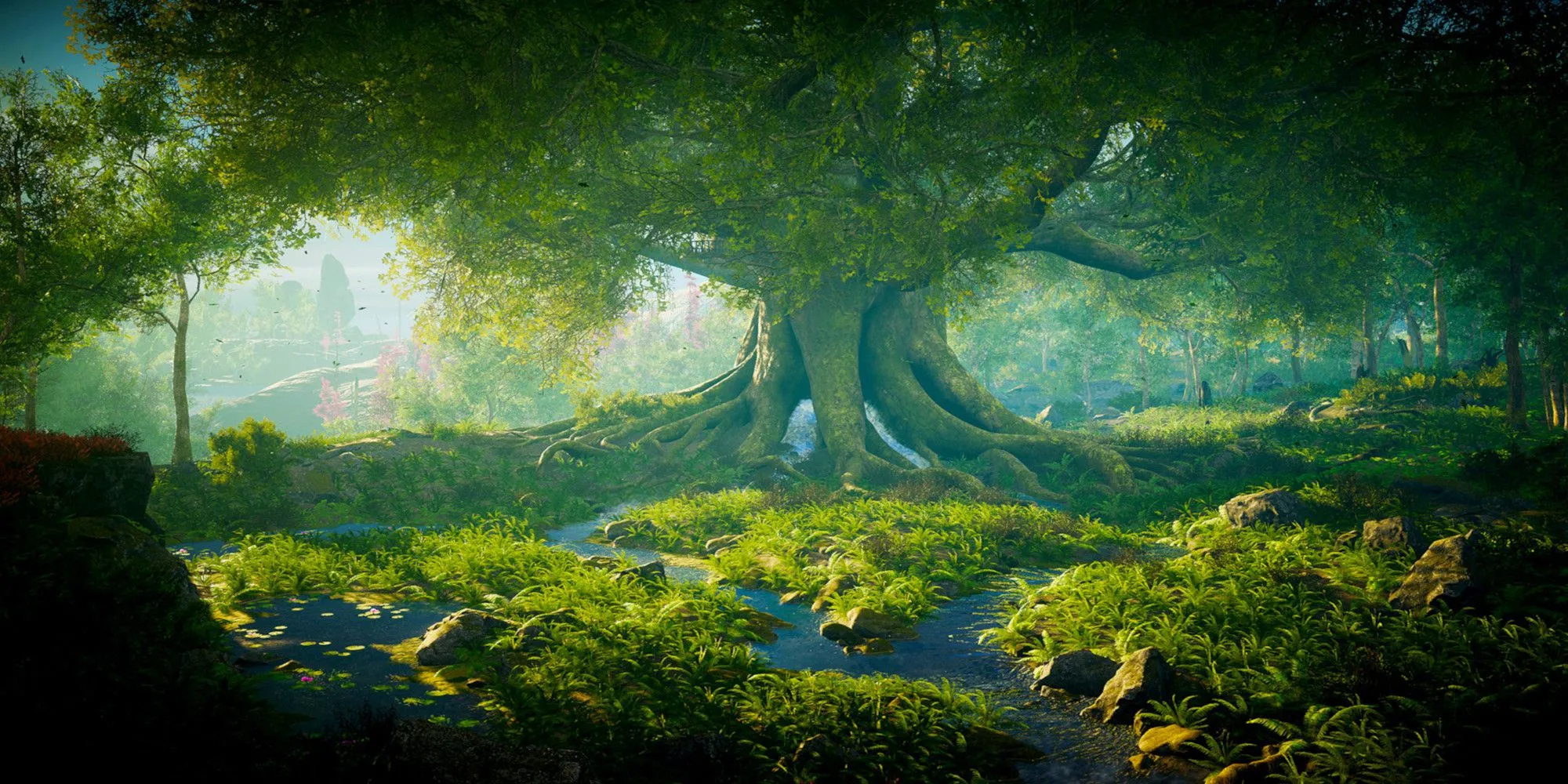 Cây cổ thụ khổng lồ bên suối và đồng cỏ trong khung cảnh tuyệt đẹp của game Eastshade