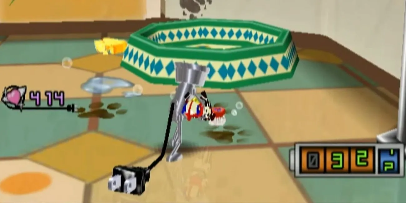 Chibi-Robo dùng bàn chải đánh răng để dọn dẹp sàn nhà