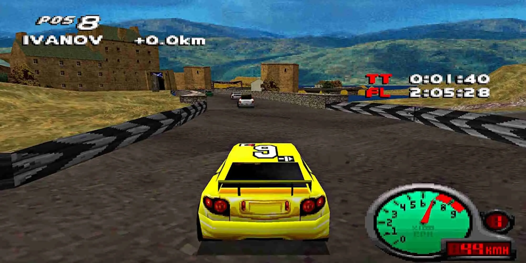 Chiếc xe đua thể thao màu đỏ đang tăng tốc trên đường nhựa trong game Total Drivin trên PS1