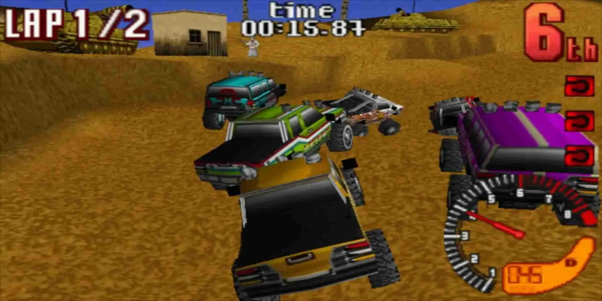 Chiếc xe tải quái vật 4x4 đang vượt địa hình gồ ghề trong game TNN Motorsports Hardcore 4X4 PS1