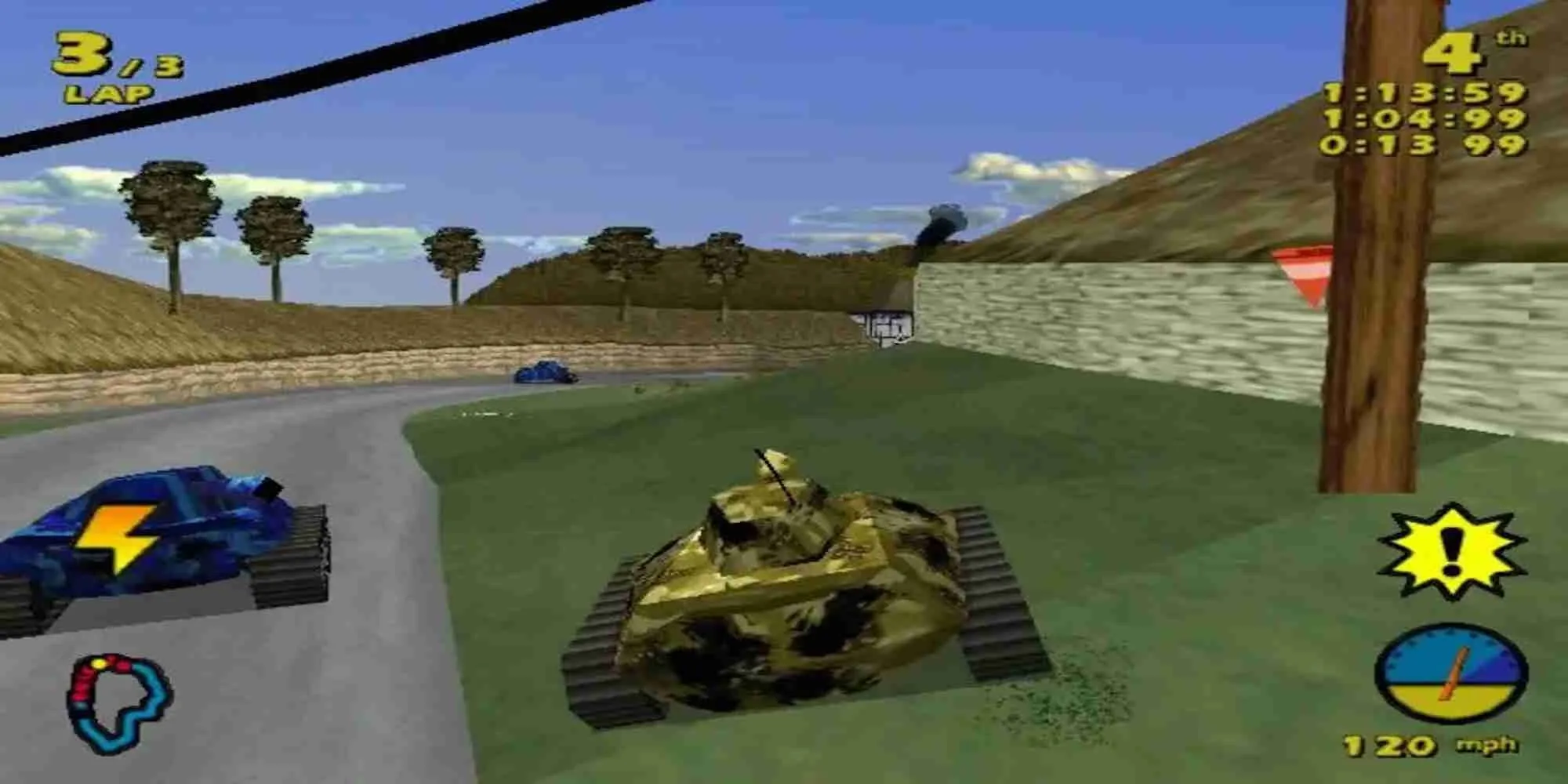 Chiếc xe tăng màu xanh lá đang đua và phá hủy môi trường trong game Tank Racer trên PlayStation 1