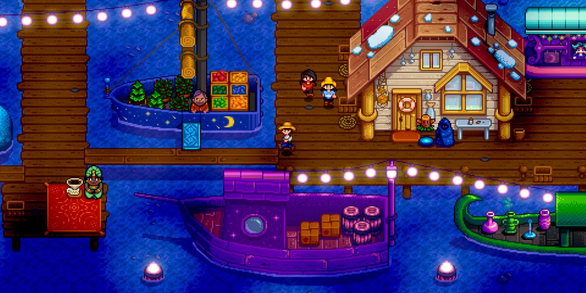 Chợ đêm Stardew Valley với những con tàu trên mặt nước và các quầy hàng mua sắm