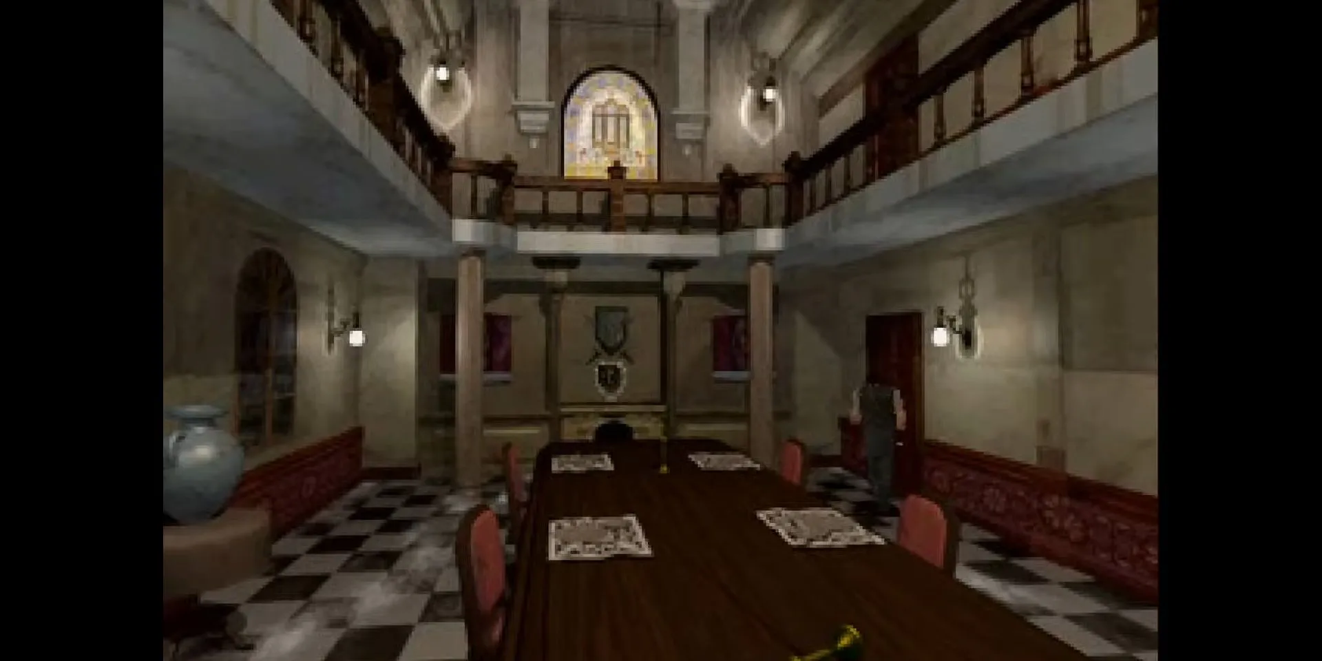 Chris Redfield trong phòng ăn của dinh thự Spencer, nơi nền dựng sẵn và góc camera cố định tạo nên không khí kinh dị đặc trưng của Resident Evil