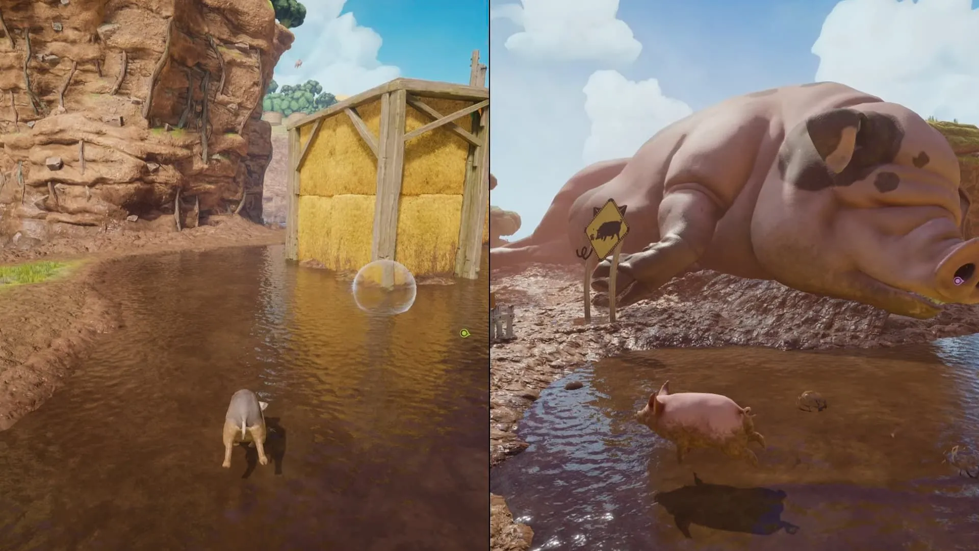 Chú heo Mio đứng bên ngoài chuồng trại trong màn chơi The Farmlife của Split Fiction