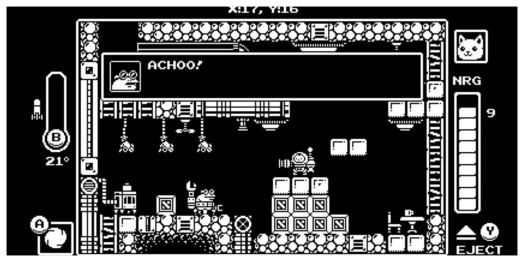 Chú mèo trắng đen điều khiển robot trong game Gato Roboto