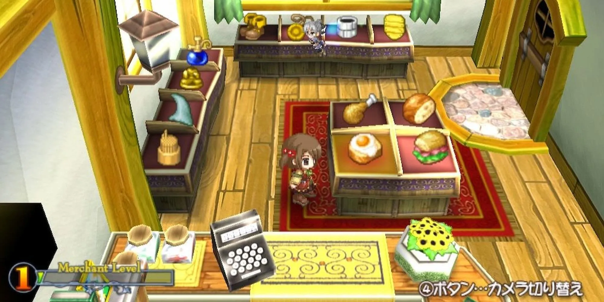 Cô gái Recette đứng trong cửa hàng vật phẩm của game Recettear An Item Shop's Tale