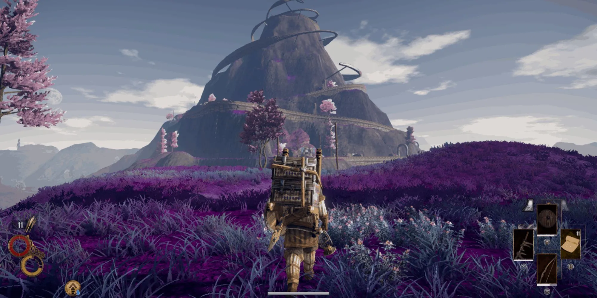 Cỏ màu tím trong game Outward, thể hiện môi trường đặc trưng của tựa game RPG sinh tồn này