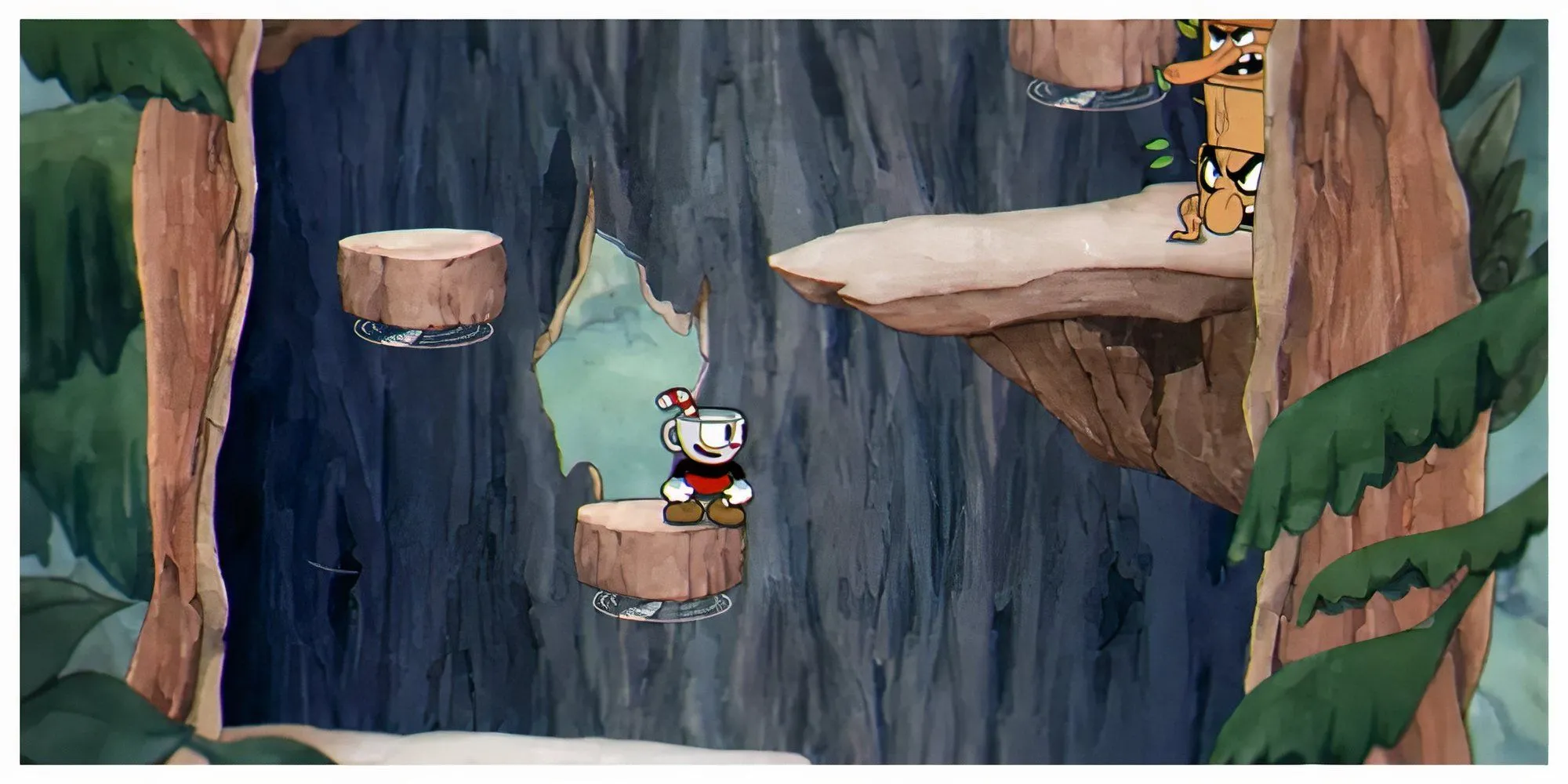 Cuphead và Mugman trong một trận đấu trùm đầy màu sắc và thử thách đặc trưng của game