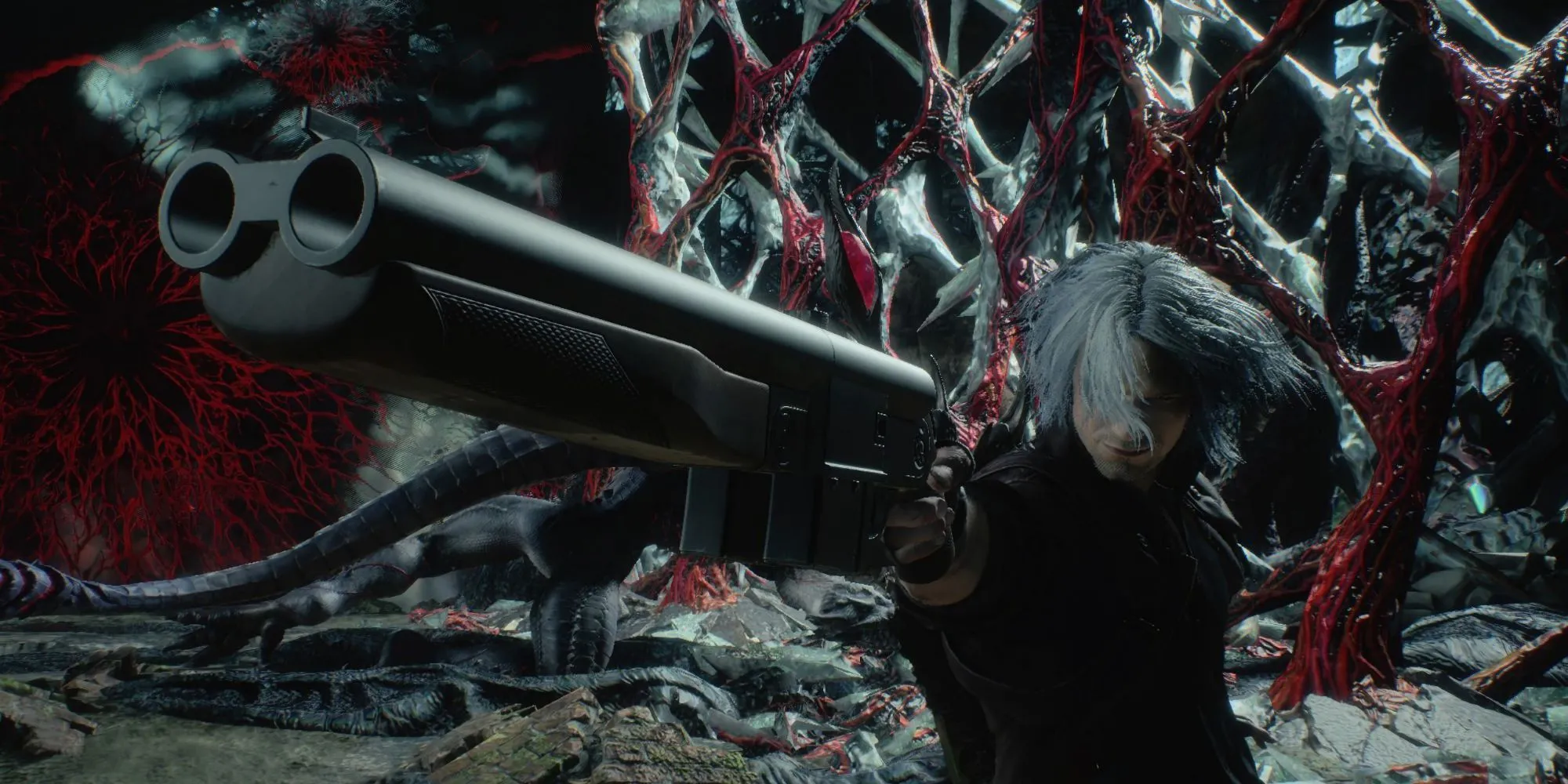 Dante dùng shotgun Coyote-A tấn công kẻ thù ở cự ly gần trong Devil May Cry 5 - Biểu tượng shotgun cổ điển của thợ săn quỷ