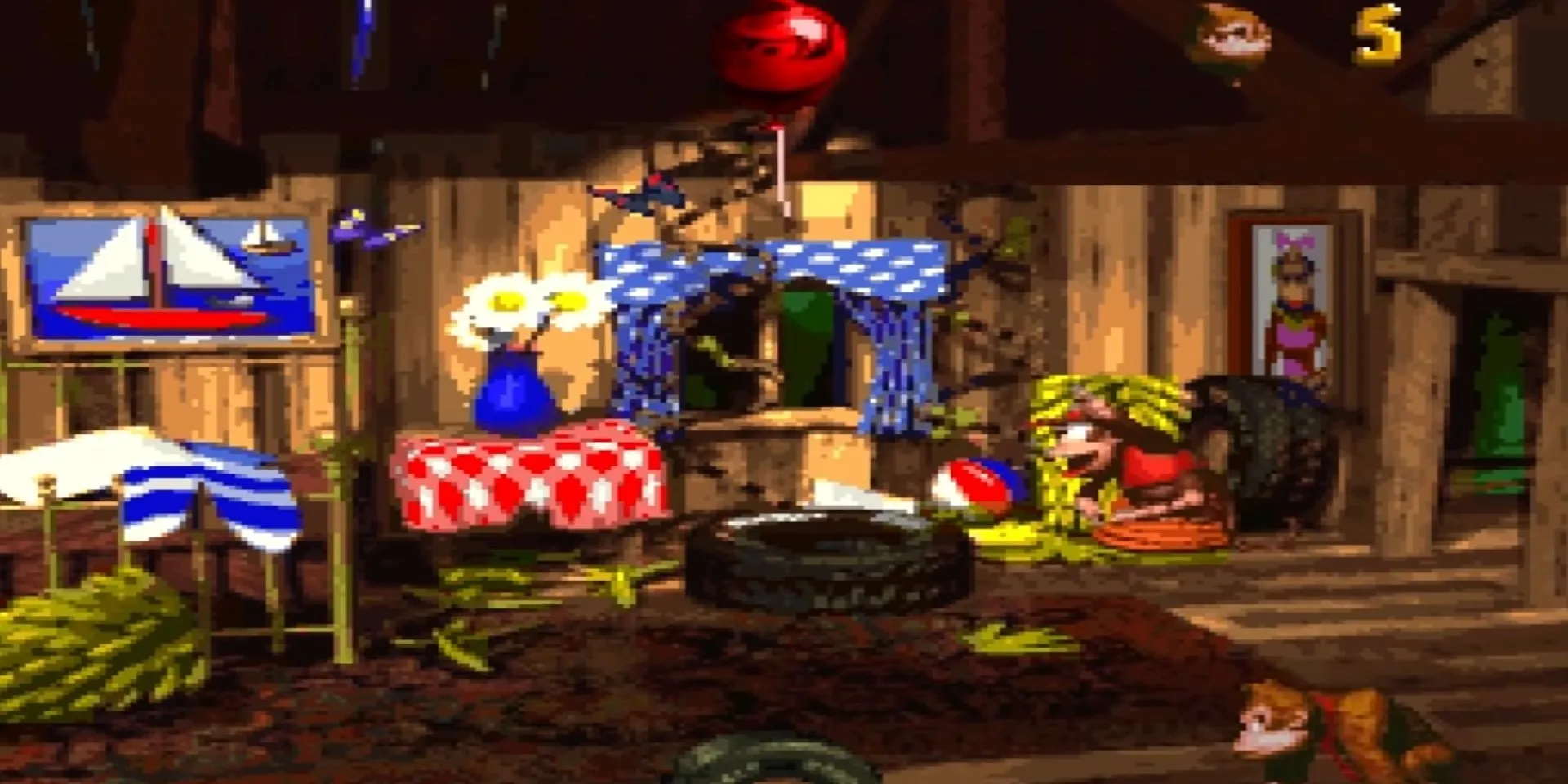 Diddy Kong và Donkey Kong trong khung cảnh rừng rậm chi tiết của Donkey Kong Country nhờ kỹ thuật nền dựng sẵn