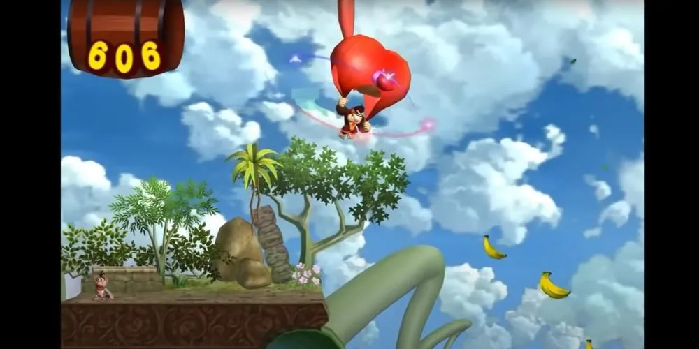 Donkey Kong đang nhảy dù xuống phía những quả chuối