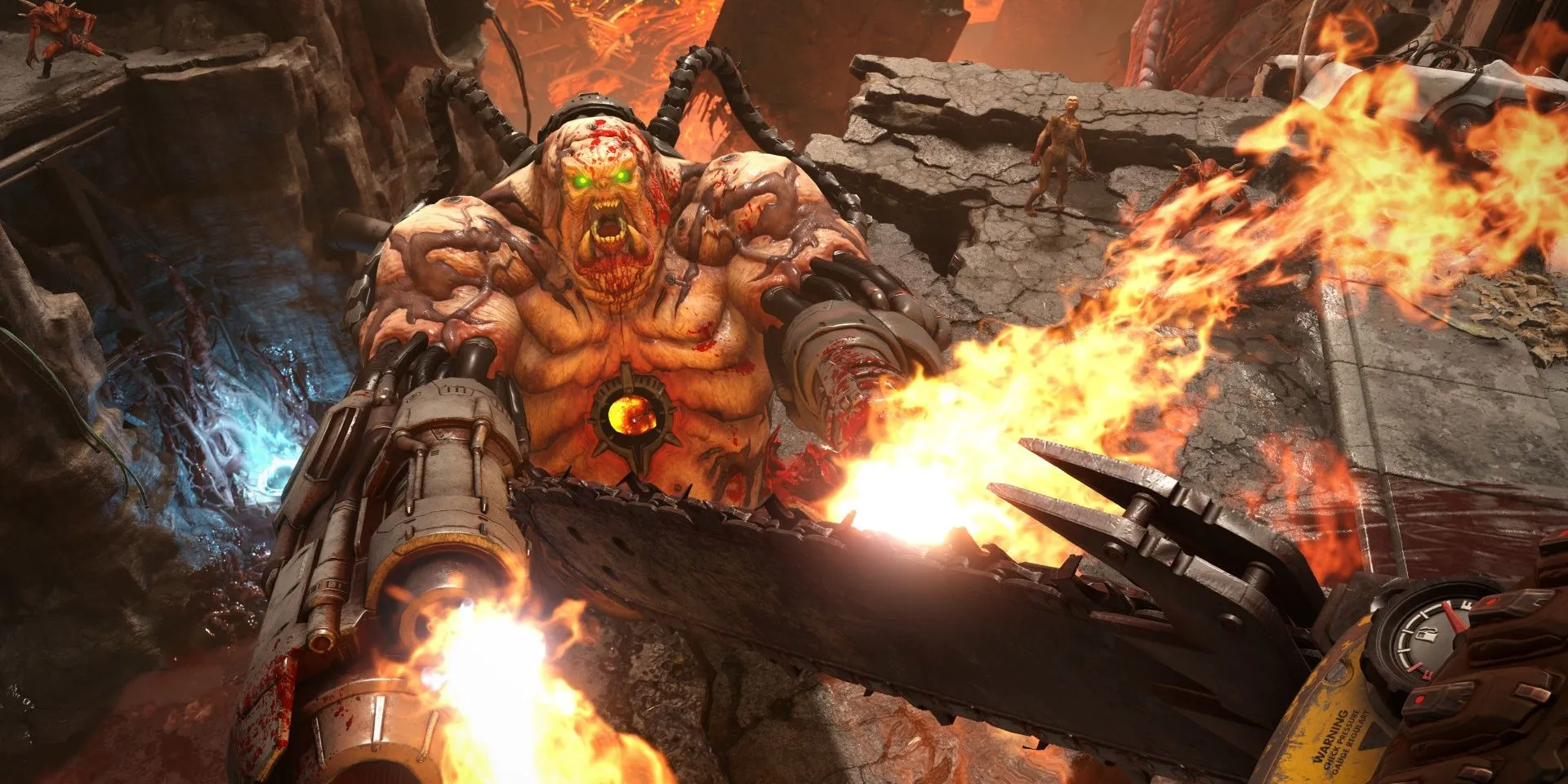 Doom Slayer dùng cưa máy tấn công Mancubus trong Doom Eternal