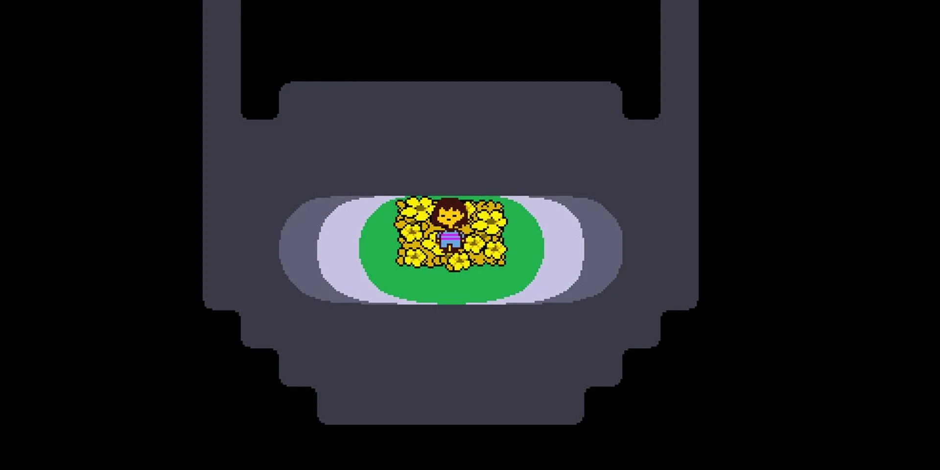 Đứng trên đống hoa vàng trong game Undertale, một cảnh quen thuộc với phong cách pixel art đặc trưng.