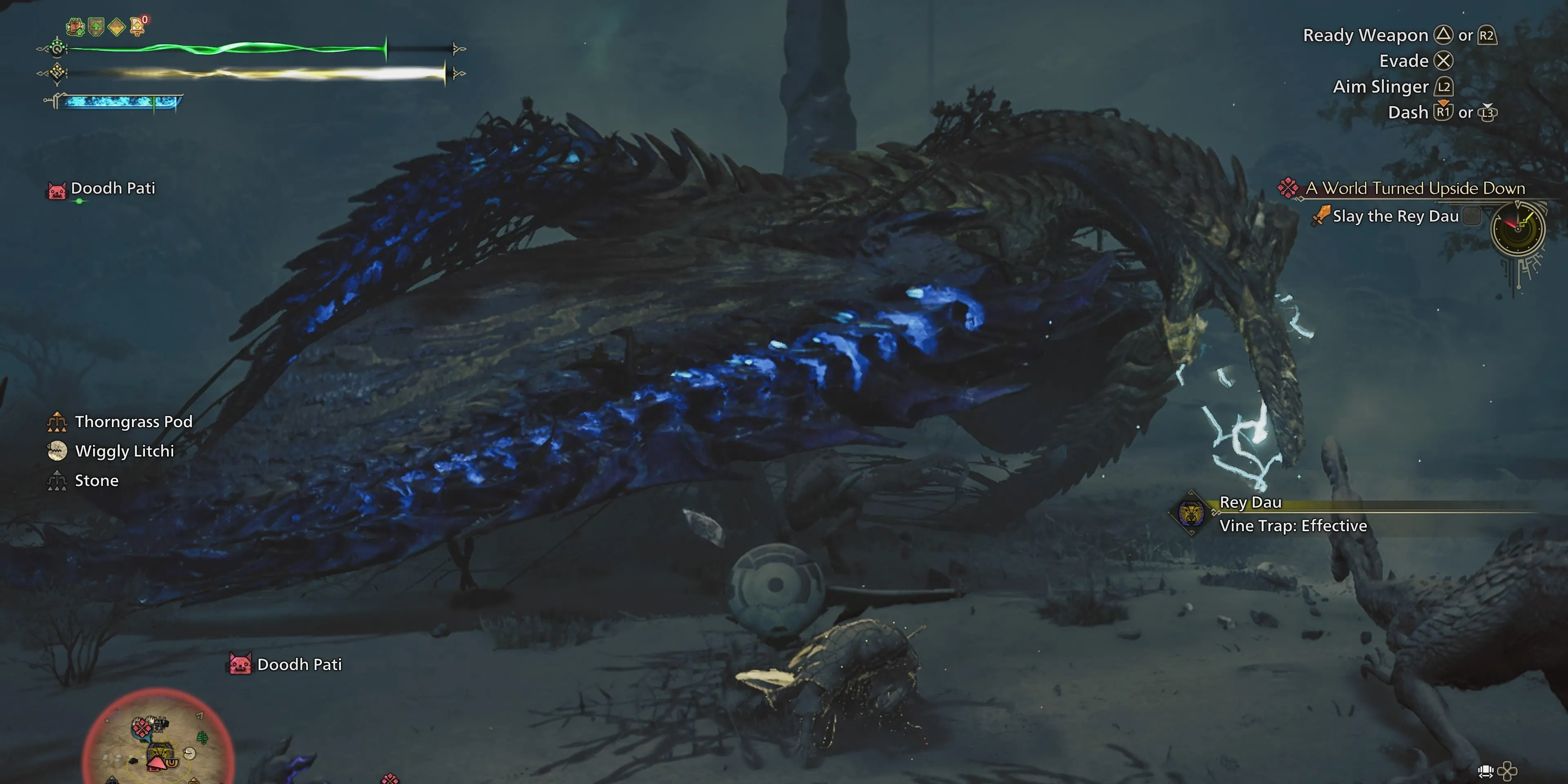 Game thủ Monster Hunter Wilds dùng bẫy dây leo lên quái vật Rey Dau