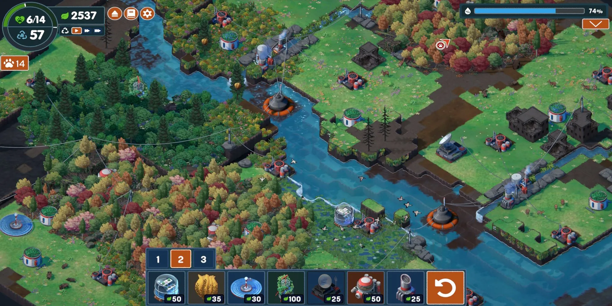 Gameplay của Terra Nil được lấy từ Steam, cho thấy cảnh quan đang được phục hồi