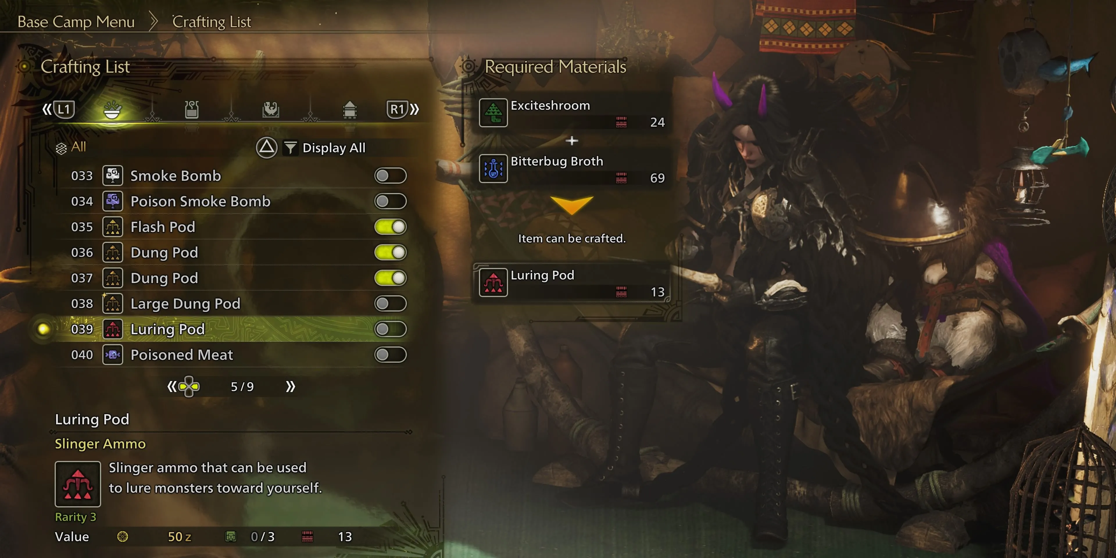 Giao diện chế tạo Luring Pod trong Monster Hunter Wilds để thu hút quái vật