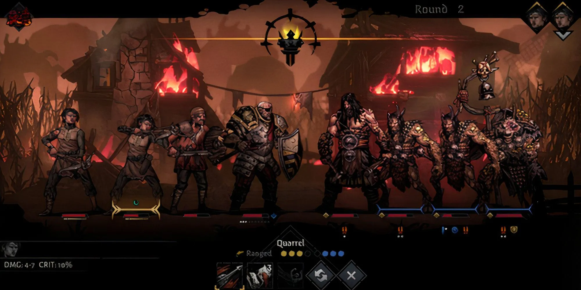 Giao diện chiến đấu theo lượt trong Darkest Dungeon, nơi quản lý stress là yếu tố sinh tồn cốt lõi