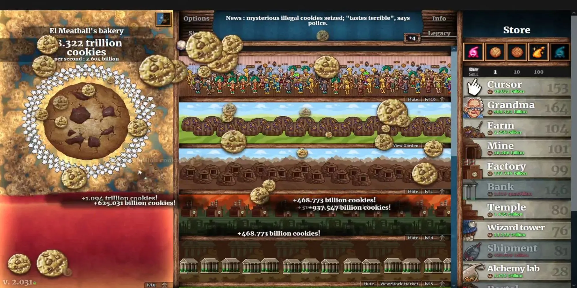 Giao diện gameplay của Cookie Clicker trên Steam với các nâng cấp