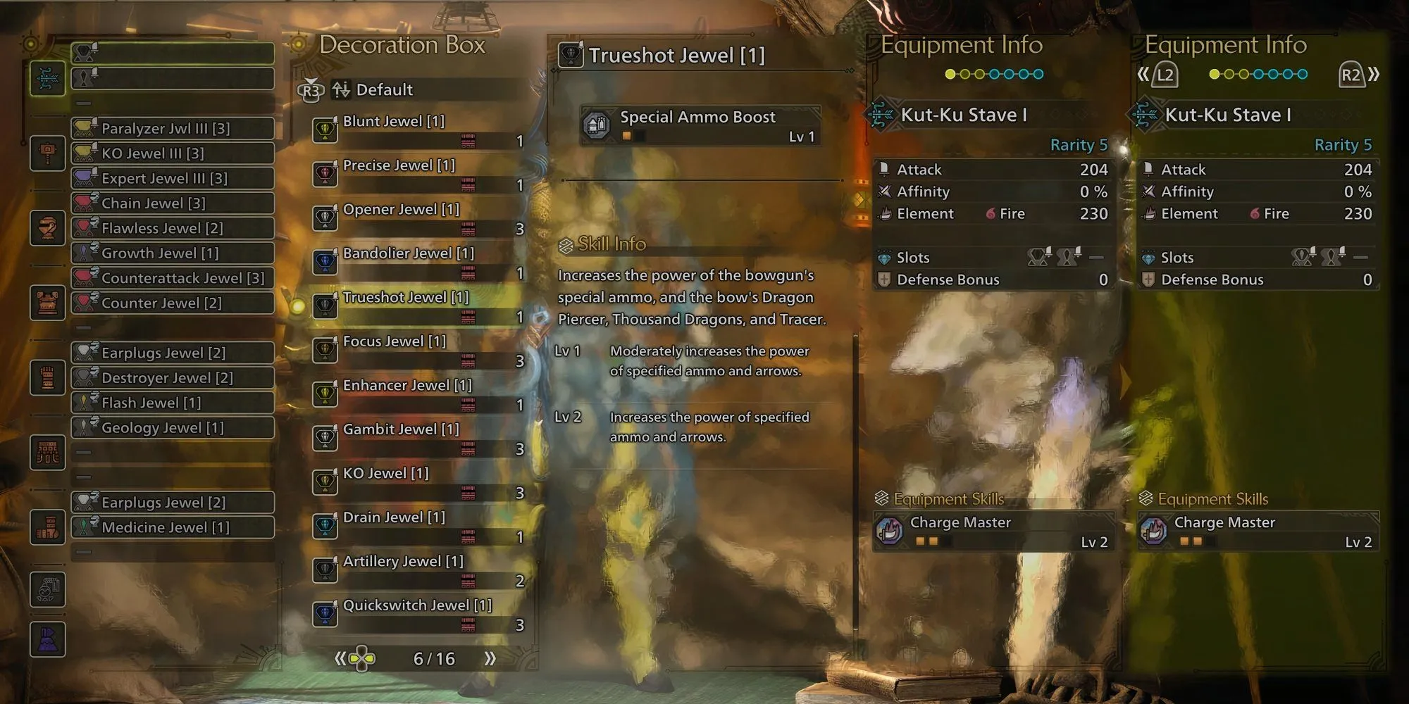 Giao diện lắp ngọc trang trí (Decorations) trong Monster Hunter Wilds, nhấn mạnh tầm quan trọng của kỹ năng trang bị