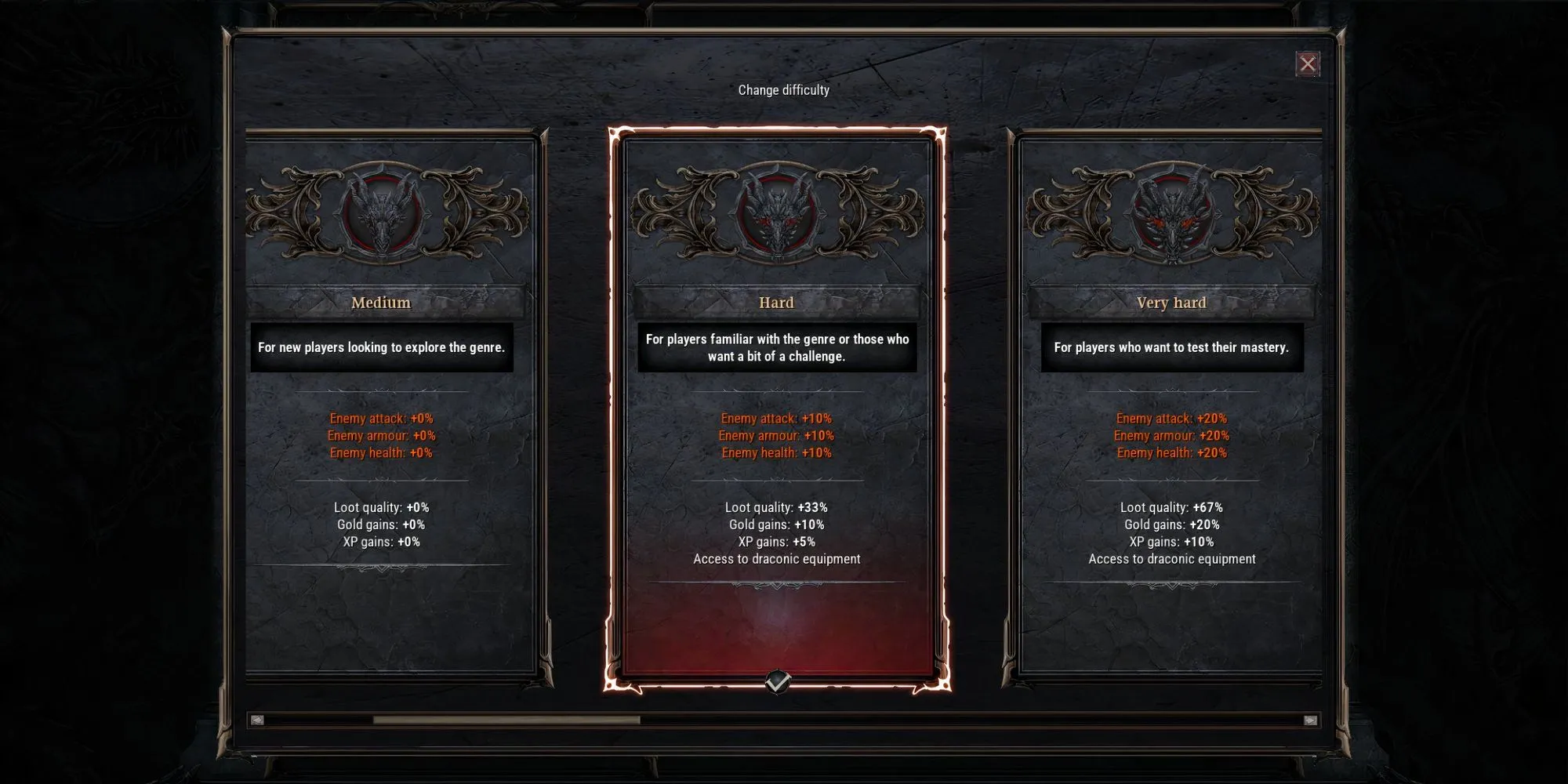 Giao diện lựa chọn độ khó trong Dragonkin: The Banished