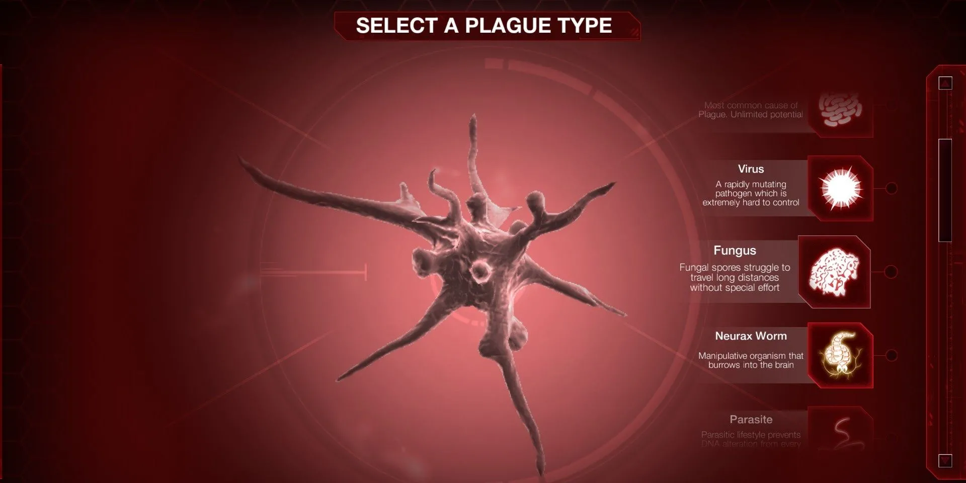 Giao diện lựa chọn loại hình dịch bệnh để bắt đầu một màn chơi trong Plague Inc Evolved