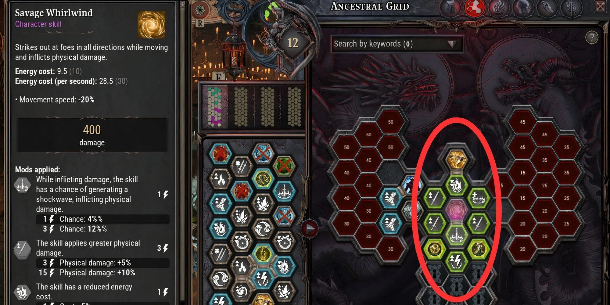 Giao diện Lưới Tổ Tiên (Ancestral Grid) trong Dragonkin: The Banished với các Hex Fragment được sắp xếp