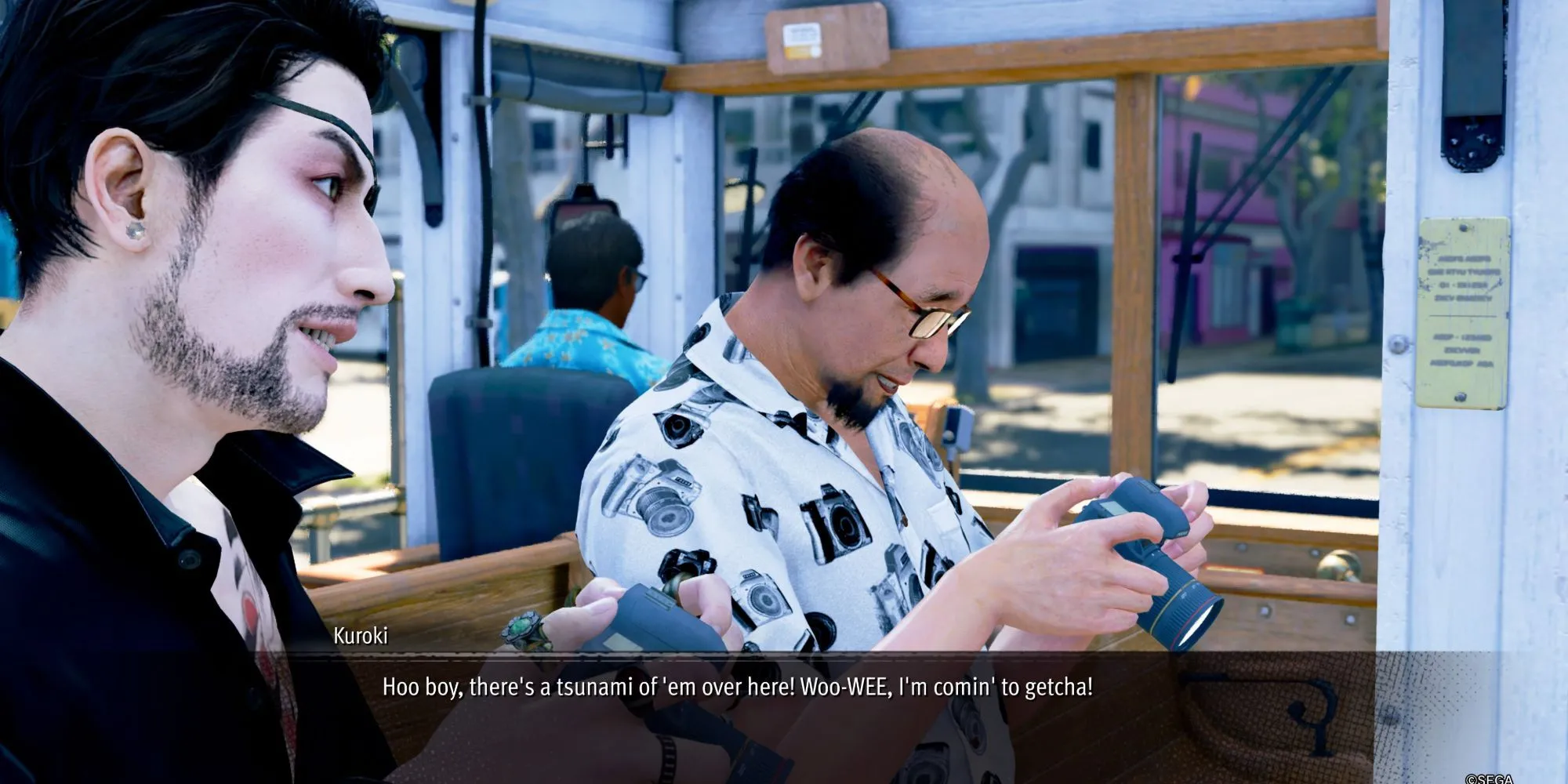 Giao diện minigame Sicko Snap khi người chơi ngắm chụp mục tiêu trên xe điện