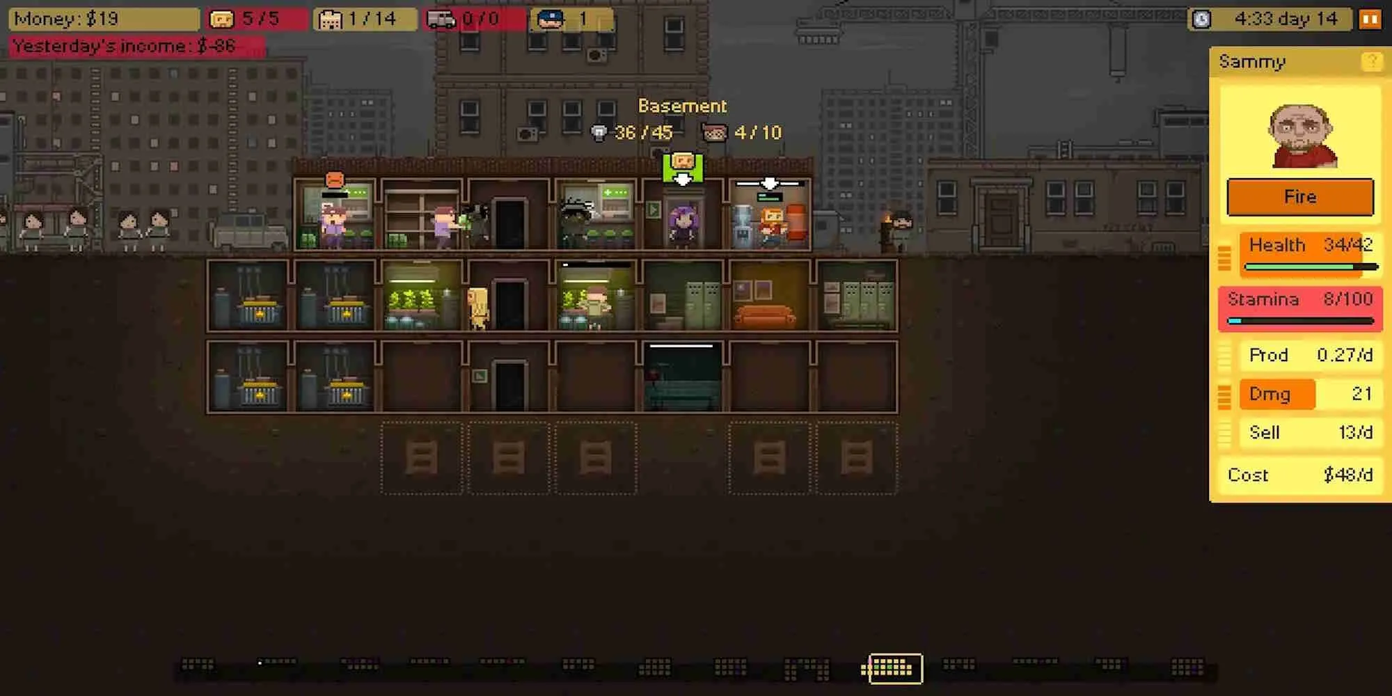 Giao diện quản lý chiến lược trong game Basement với các khu vực và nhân công