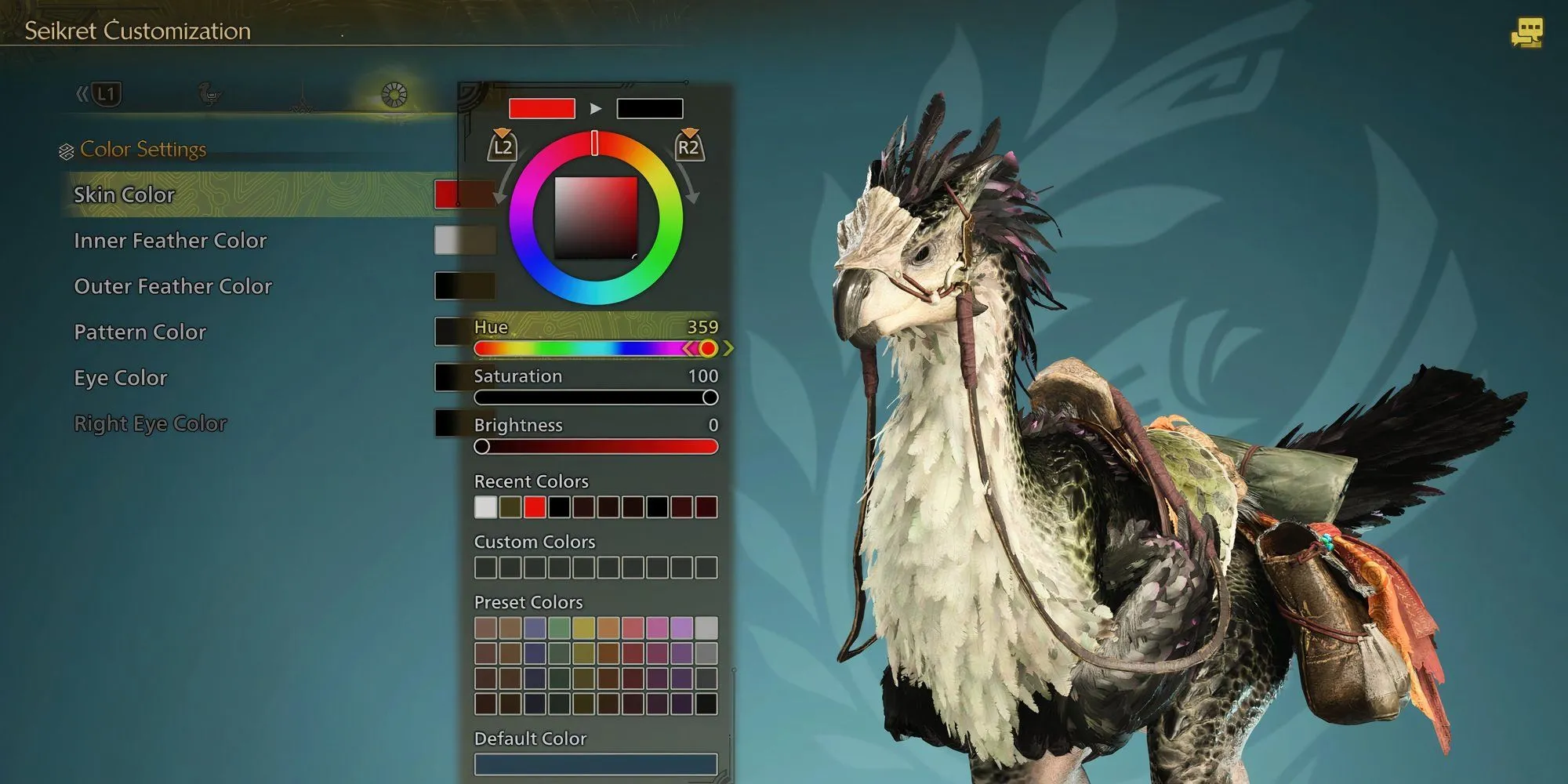 Giao diện tùy chỉnh Seikret trong Monster Hunter Wilds với bảng màu đa dạng và các lựa chọn chi tiết.
