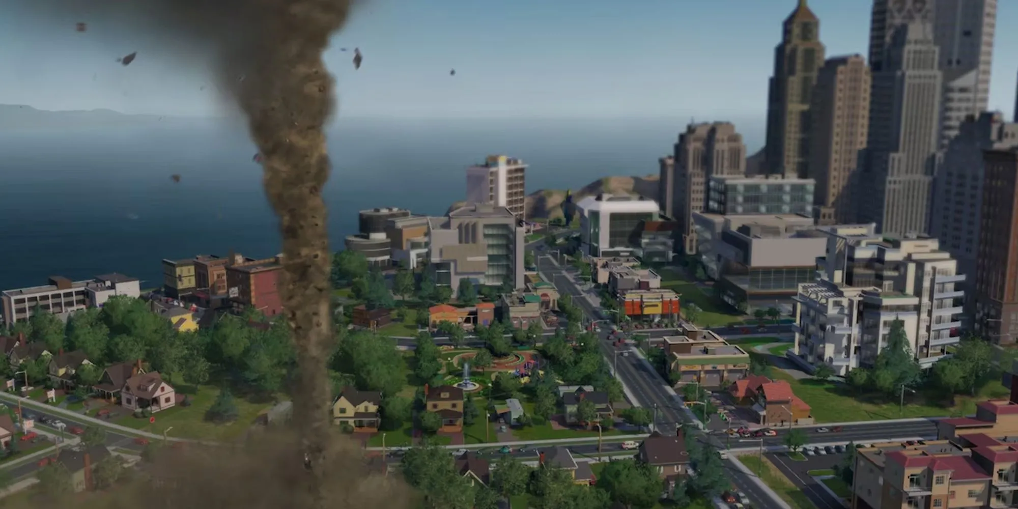 Giao diện xây dựng thành phố trong SimCity 2013 với các công trình và đường xá