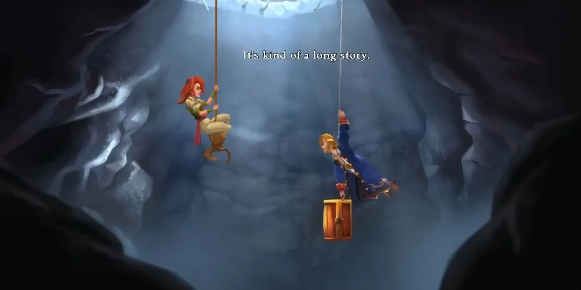 Guybrush và Elaine treo mình trên dây thừng trong Monkey Island 2: LeChuck’s Revenge