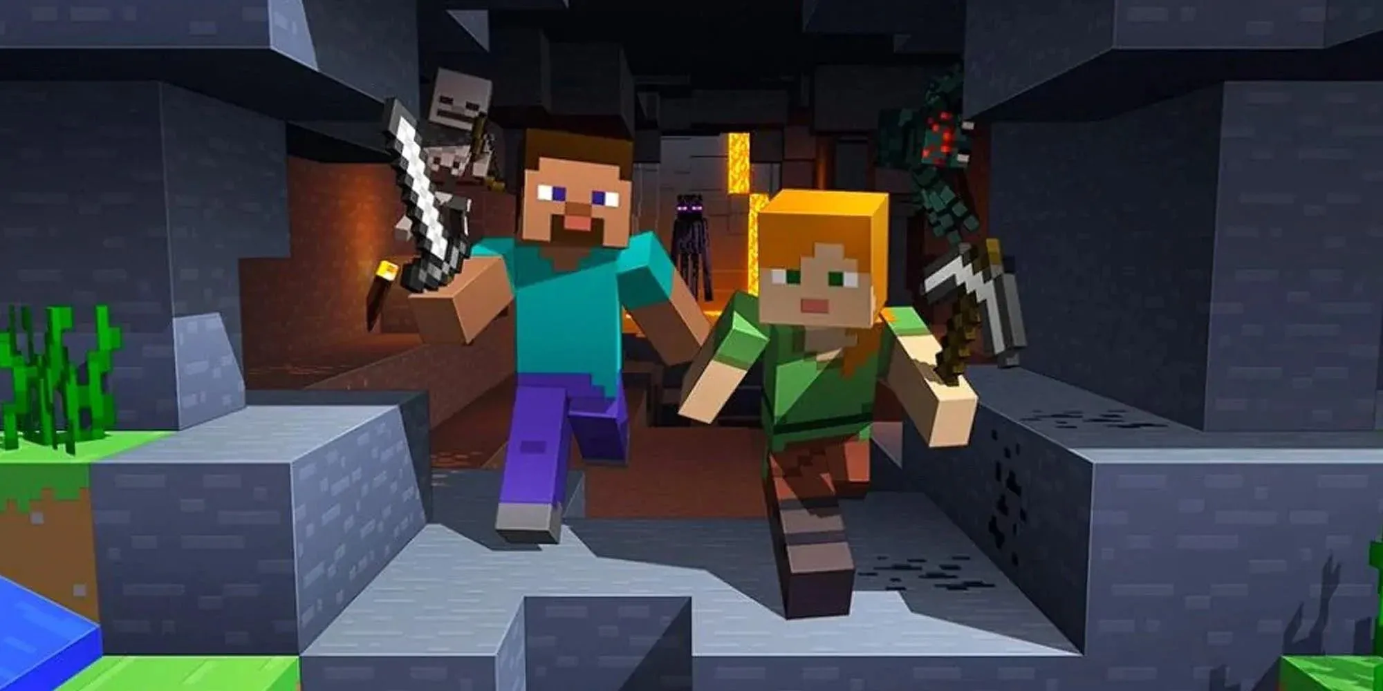 Hai người chơi Minecraft chạy trốn khỏi quái vật trong hang động