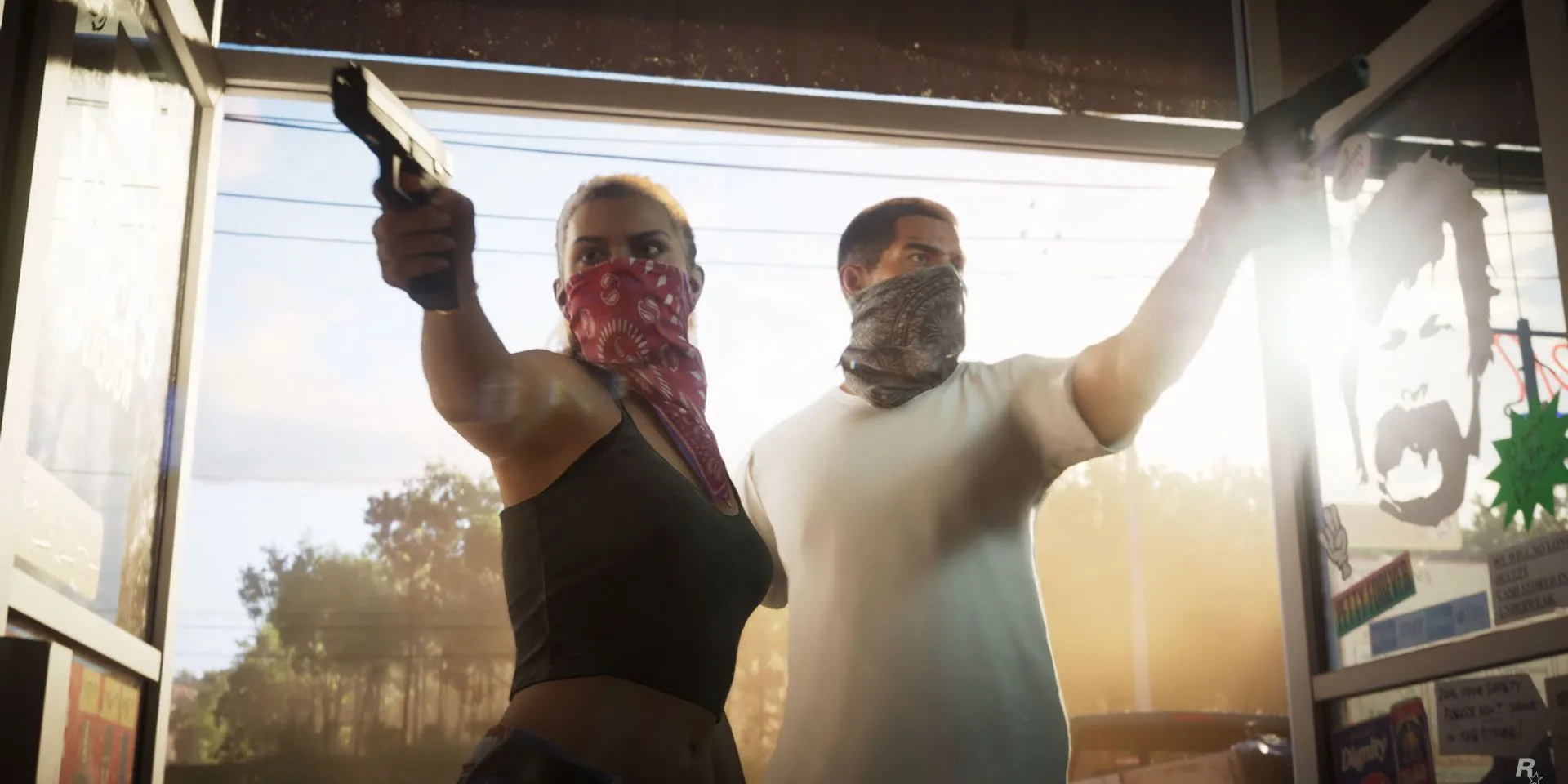 Hai nhân vật chính GTA 6 Lucia và Jason nhìn nhau trong một cảnh từ trailer