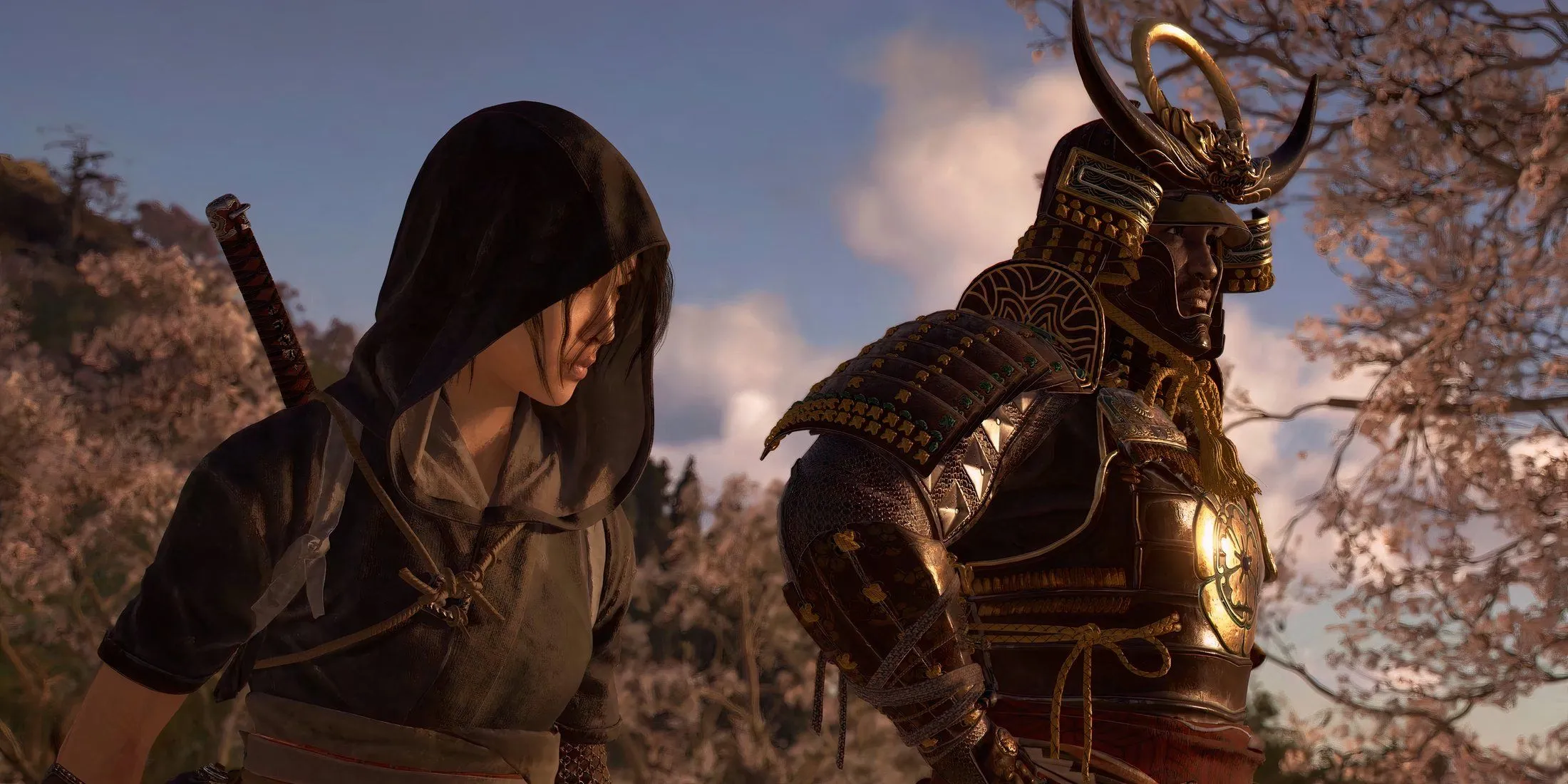 Hai nhân vật chính Naoe và Yasuke trong game Assassin's Creed Shadows với bối cảnh Nhật Bản phong kiến