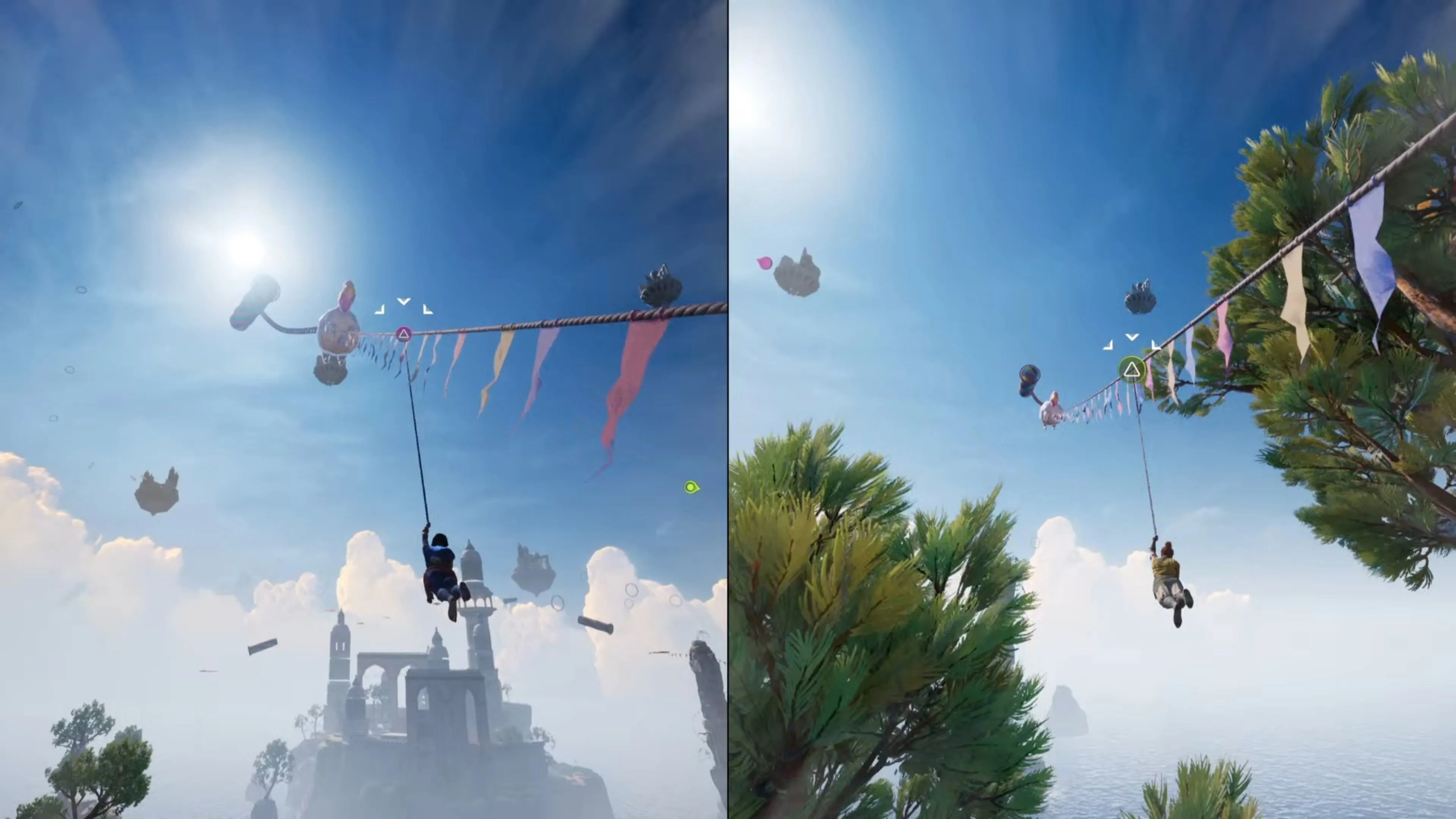 Hai nhân vật Mio và Zoe bắt đầu cuộc đua zipline trong màn Kites game Split Fiction