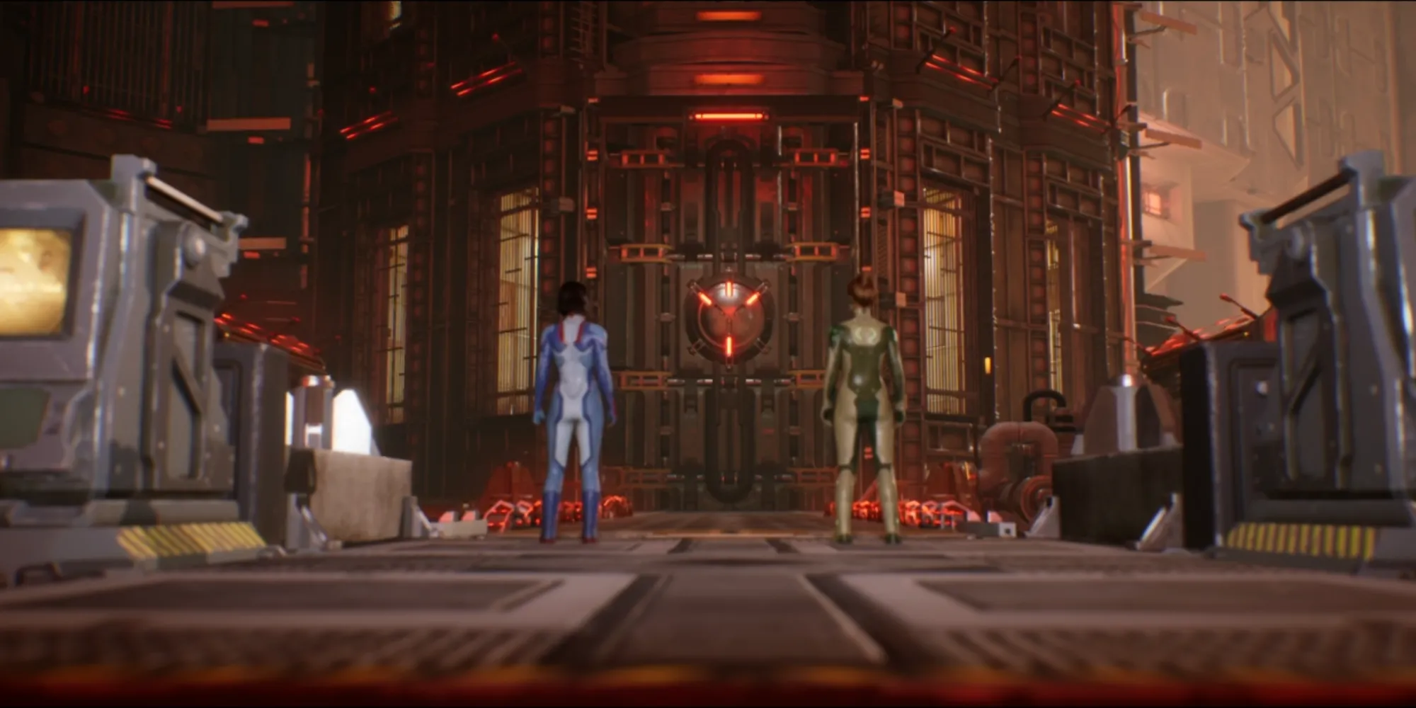 Hai nhân vật Mio và Zoe đang phối hợp giải đố trên thang máy trong game Split Fiction Isolation