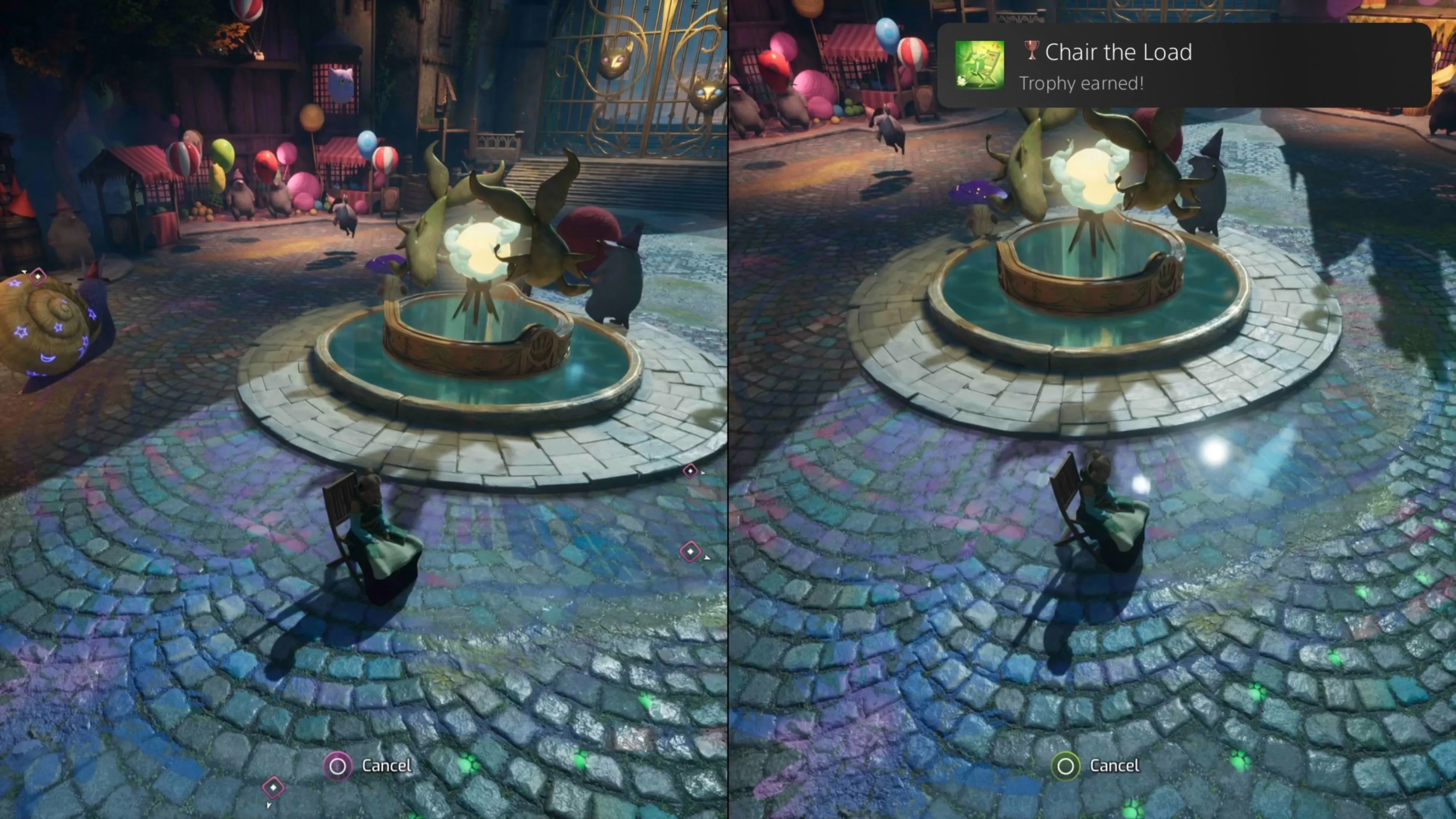 Hai nhân vật Split Fiction thực hiện hành động để nhận trophy Chair The Load tại Chợ Mặt Trăng