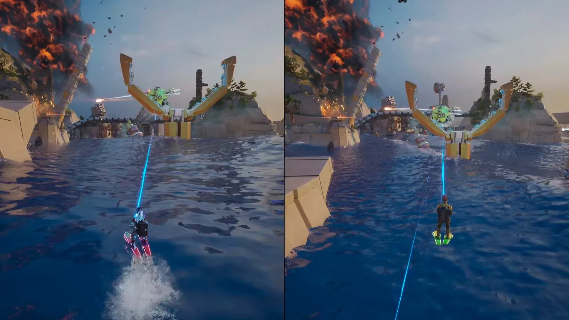 Hai nhân vật Zoe và Mio lướt ván nước né đạn trong game Split Fiction màn Train Heist