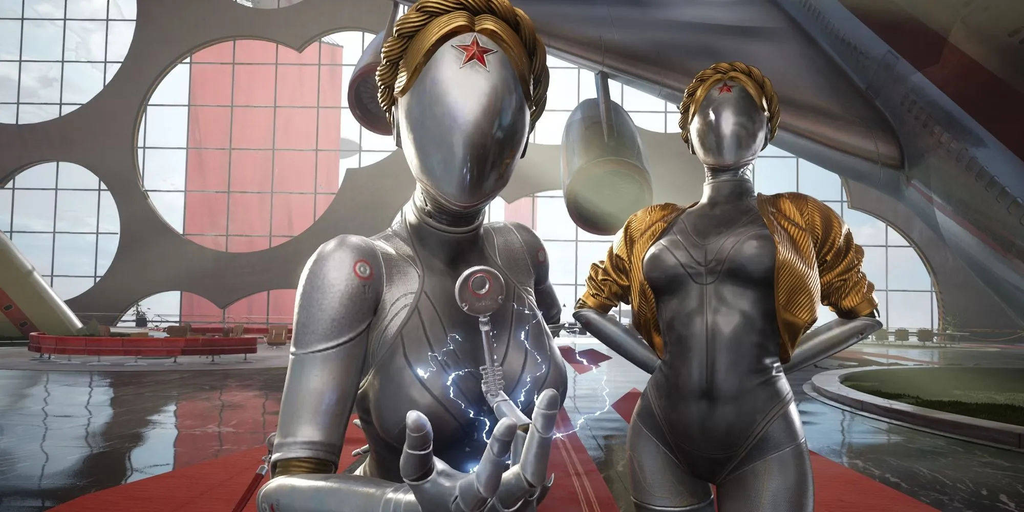Hai robot song sinh cầm vũ khí đứng gác trong game Atomic Heart với bối cảnh công nghệ Xô Viết tân tiến