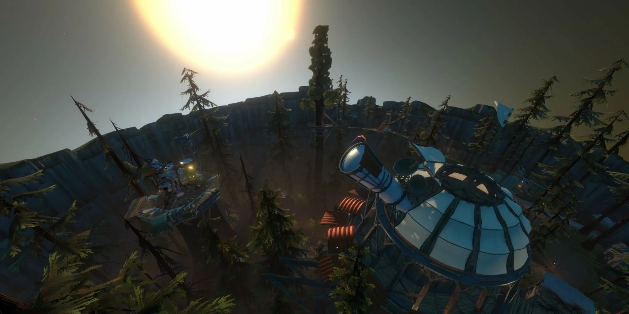 Hành tinh khởi đầu trong Outer Wilds với con tàu vũ trụ và các thiên thể khác ở phía xa